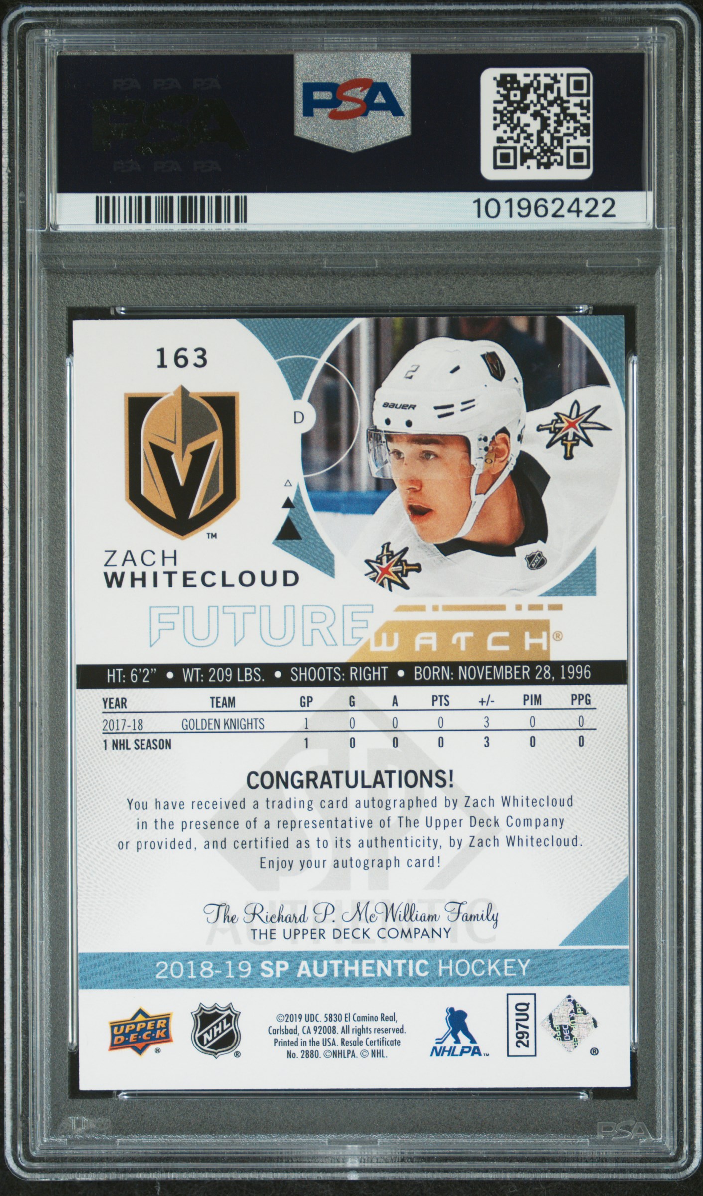 2018 Sp Authentic Zach Whitecloud #163 (Autograph) Mint 9 back