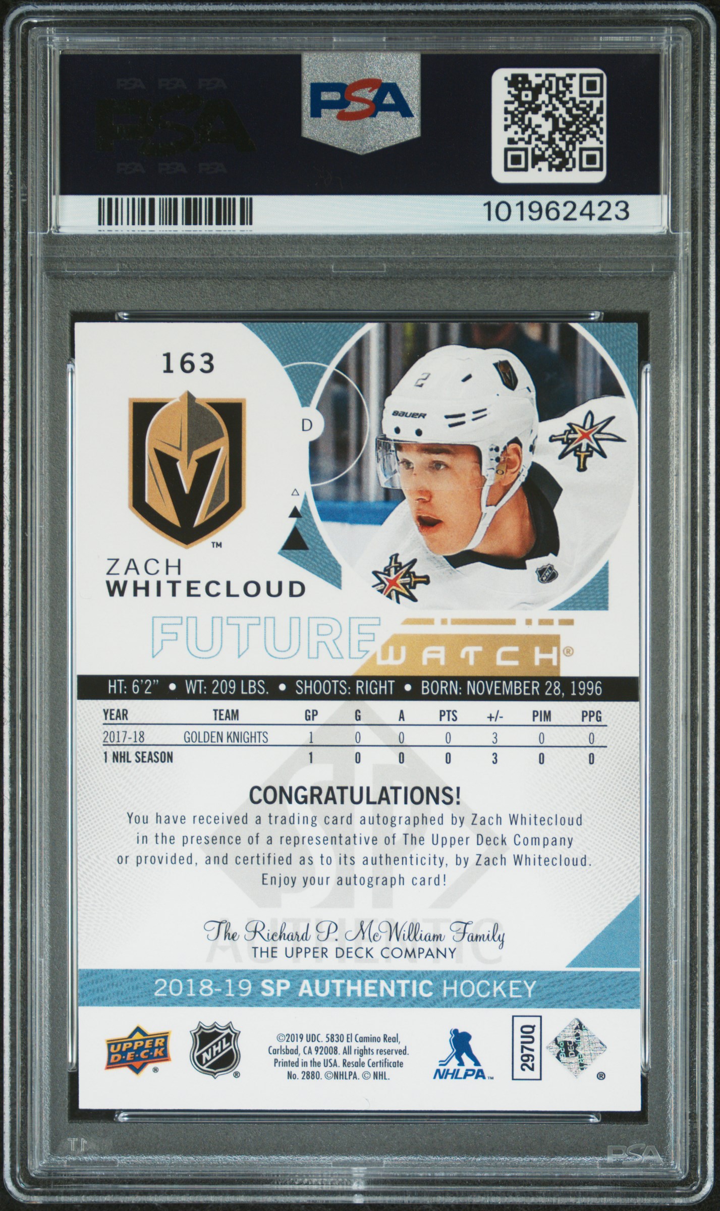 2018 Sp Authentic Zach Whitecloud #163 (Autograph) Gem Mt 10 back
