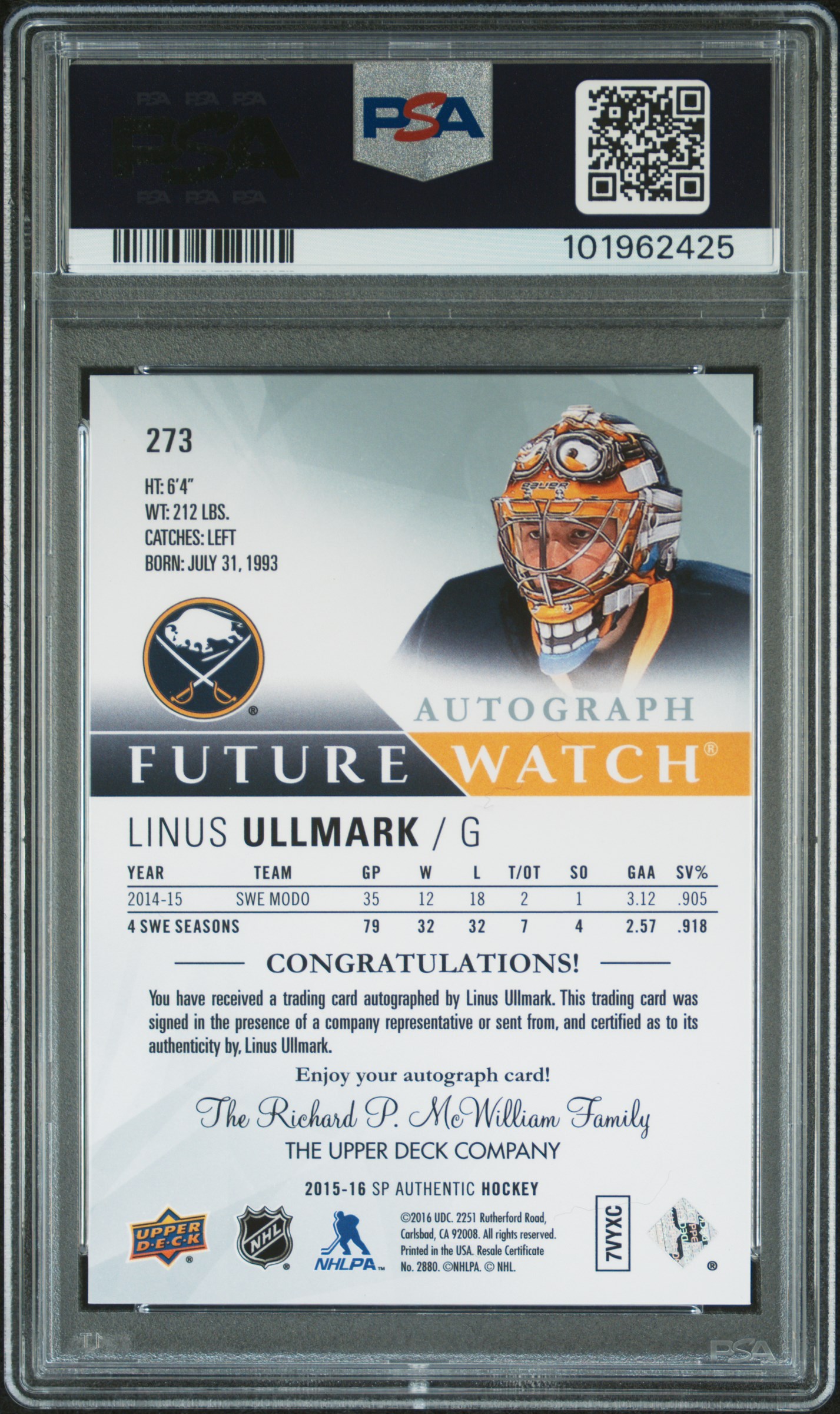 2015 Sp Authentic Linus Ullmark #273 (Autograph) Mint 9 back