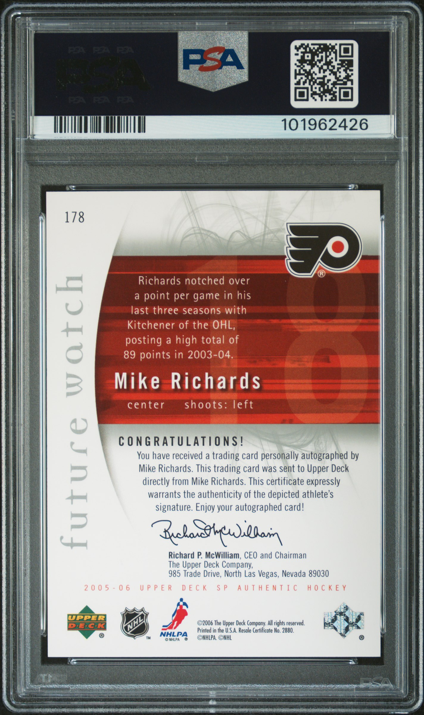 2005 Sp Authentic Mike Richards #178 (Autograph) Mint 9 back