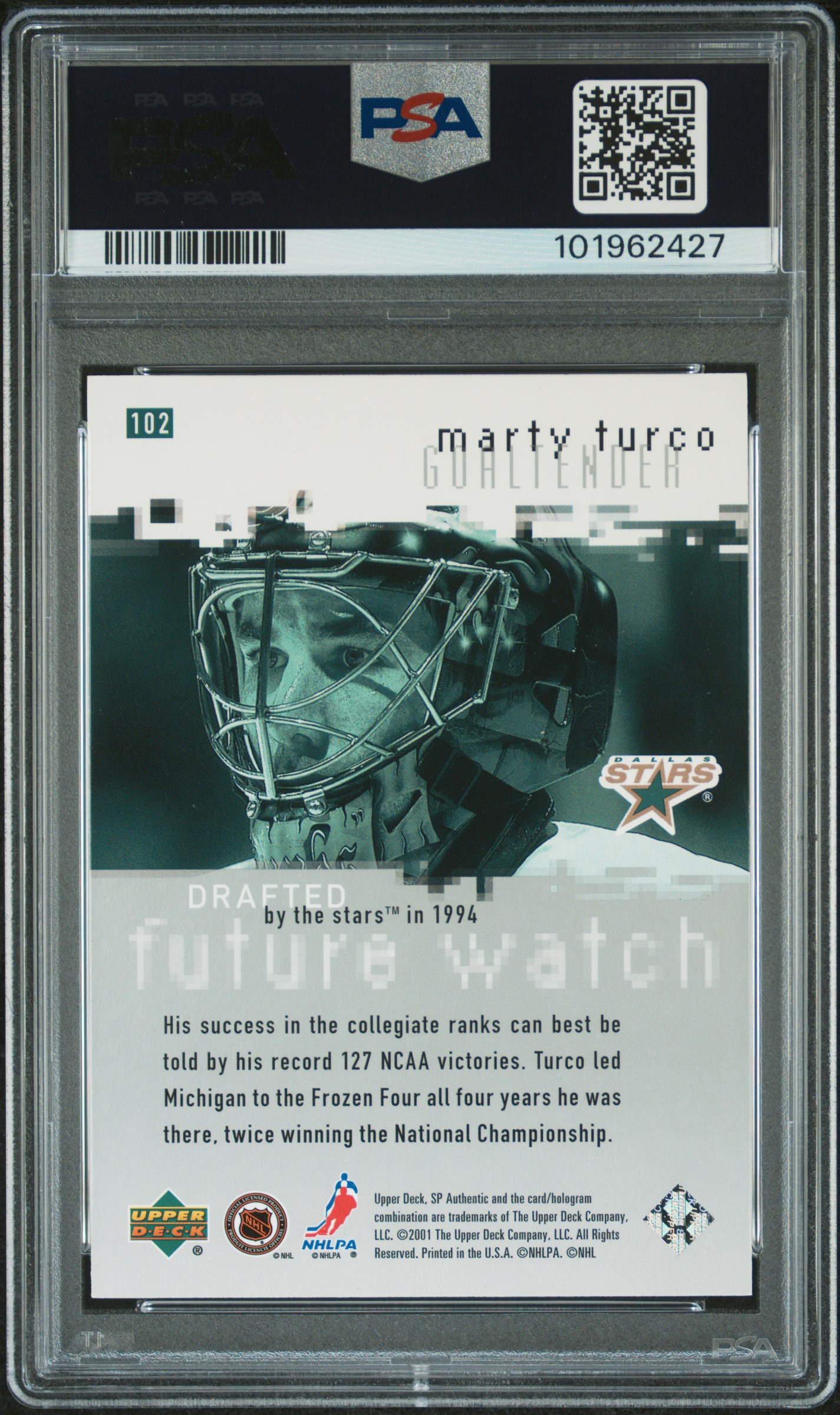 2000 Sp Authentic Marty Turco #102 Nm-Mt 8 back