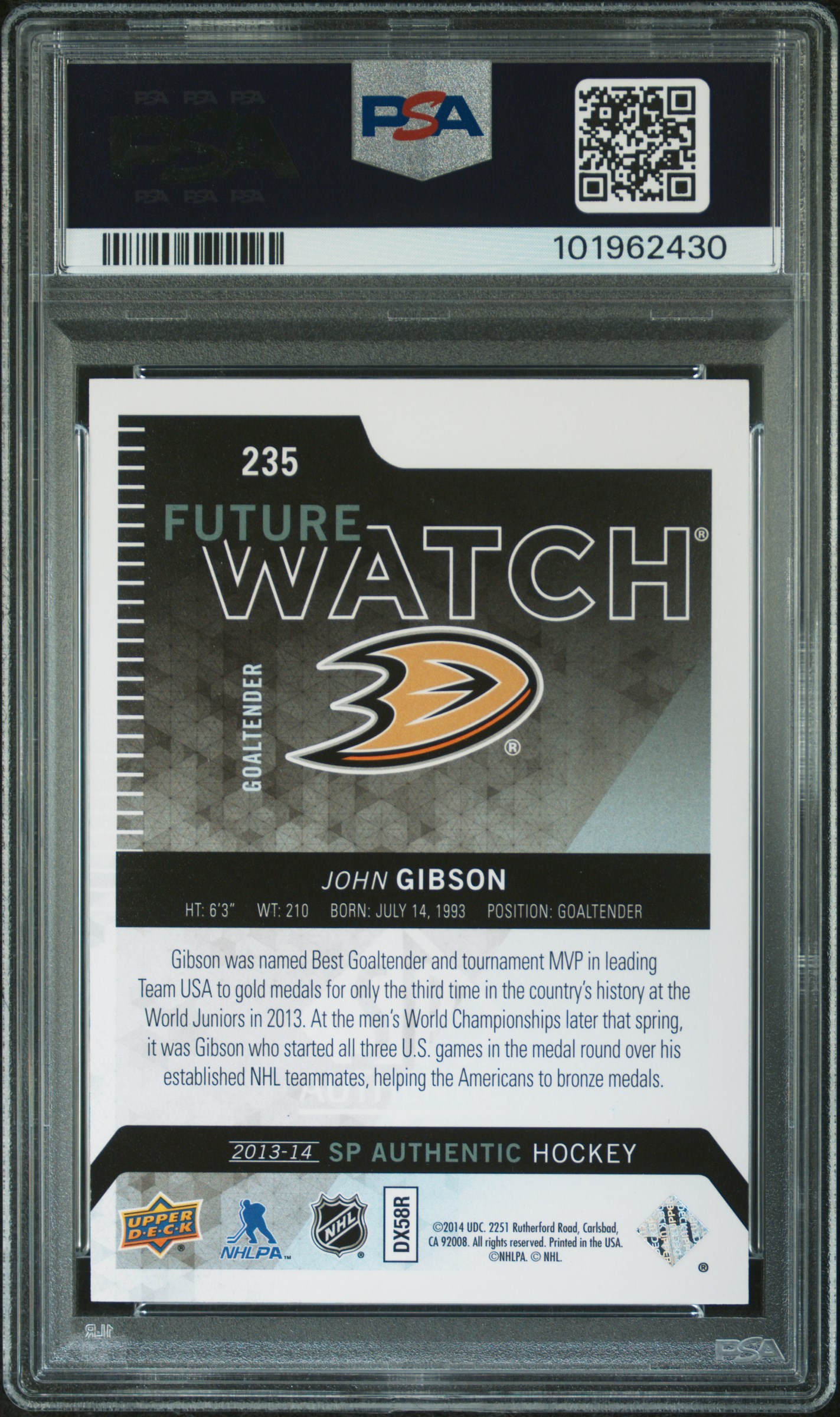 2013 Sp Authentic John Gibson #235 Mint 9 back