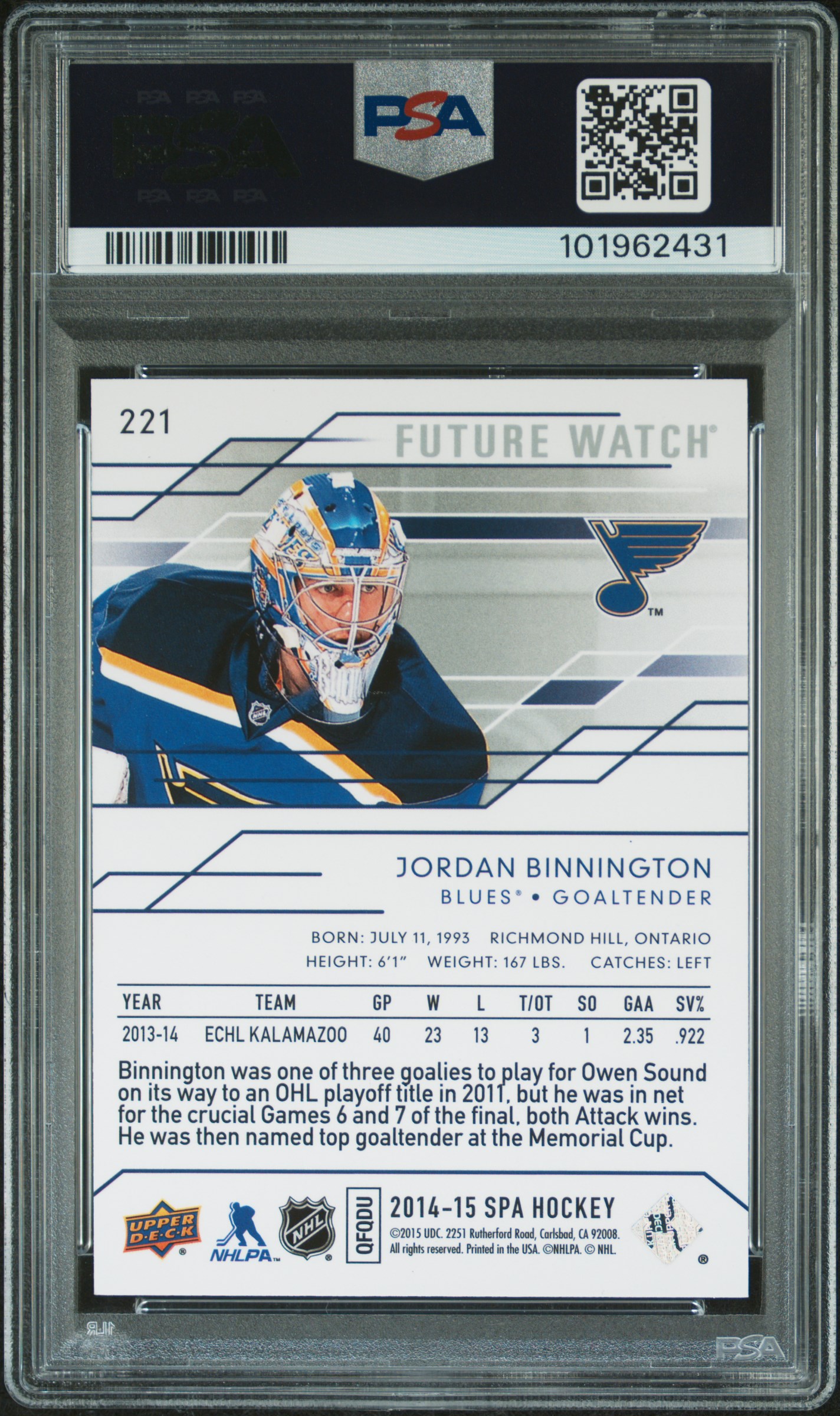 2014 Sp Authentic Jordan Binnington #221 Nm-Mt 8 back