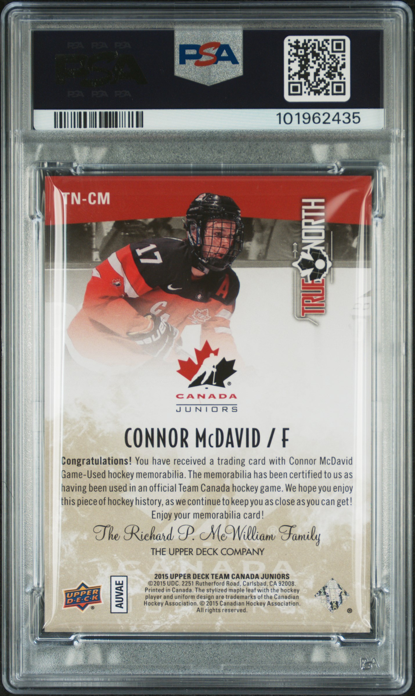2015 Upper Deck Team Canada Juniors True North Jerseys Connor Mcdavid #Cm (True North Jerseys-Gold) Nm-Mt 8 back