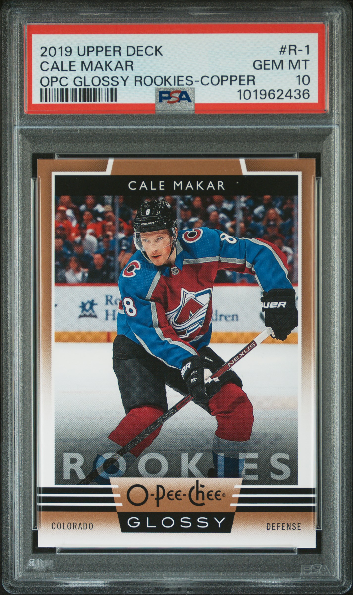 2019 Upper Deck Opc Glossy Rookies Cale Makar #R-1 (Opc Glossy Rookies-Copper) Gem Mt 10 front