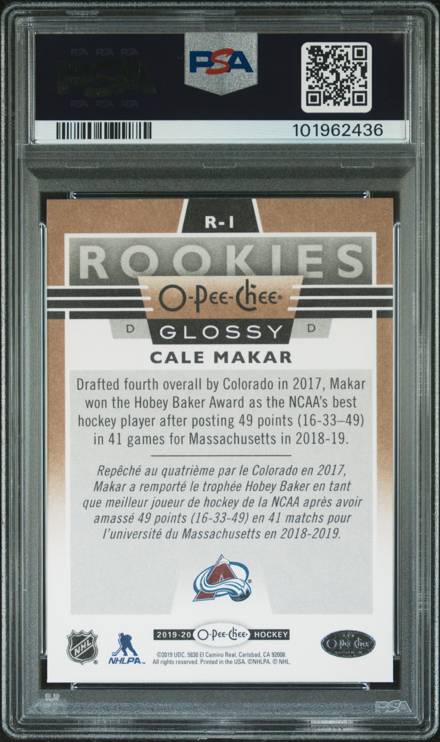 2019 Upper Deck Opc Glossy Rookies Cale Makar #R-1 (Opc Glossy Rookies-Copper) Gem Mt 10 back