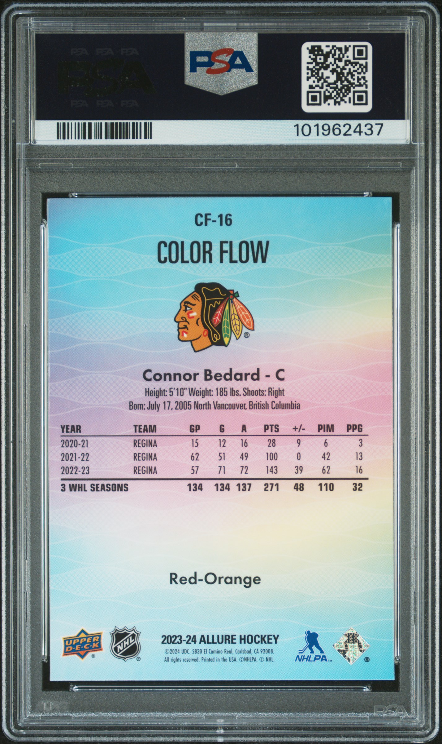 2023 Upper Deck Allure Color Flow Connor Bedard #Cf16 (Color Flow-Red-Orange) Mint 9 back