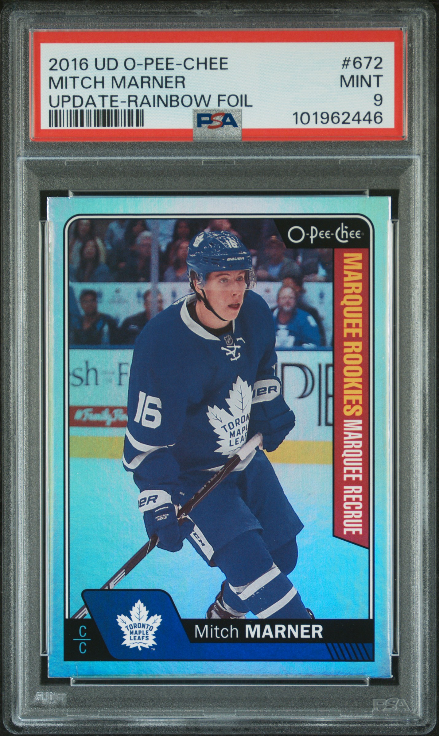 2016 Upper Deck O-Pee-Chee Update Mitch Marner #672 (Update-Rainbow Foil) Mint 9 front