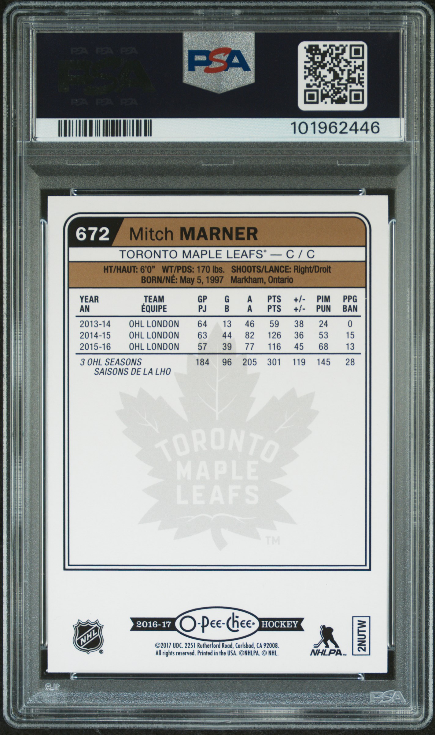 2016 Upper Deck O-Pee-Chee Update Mitch Marner #672 (Update-Rainbow Foil) Mint 9 back
