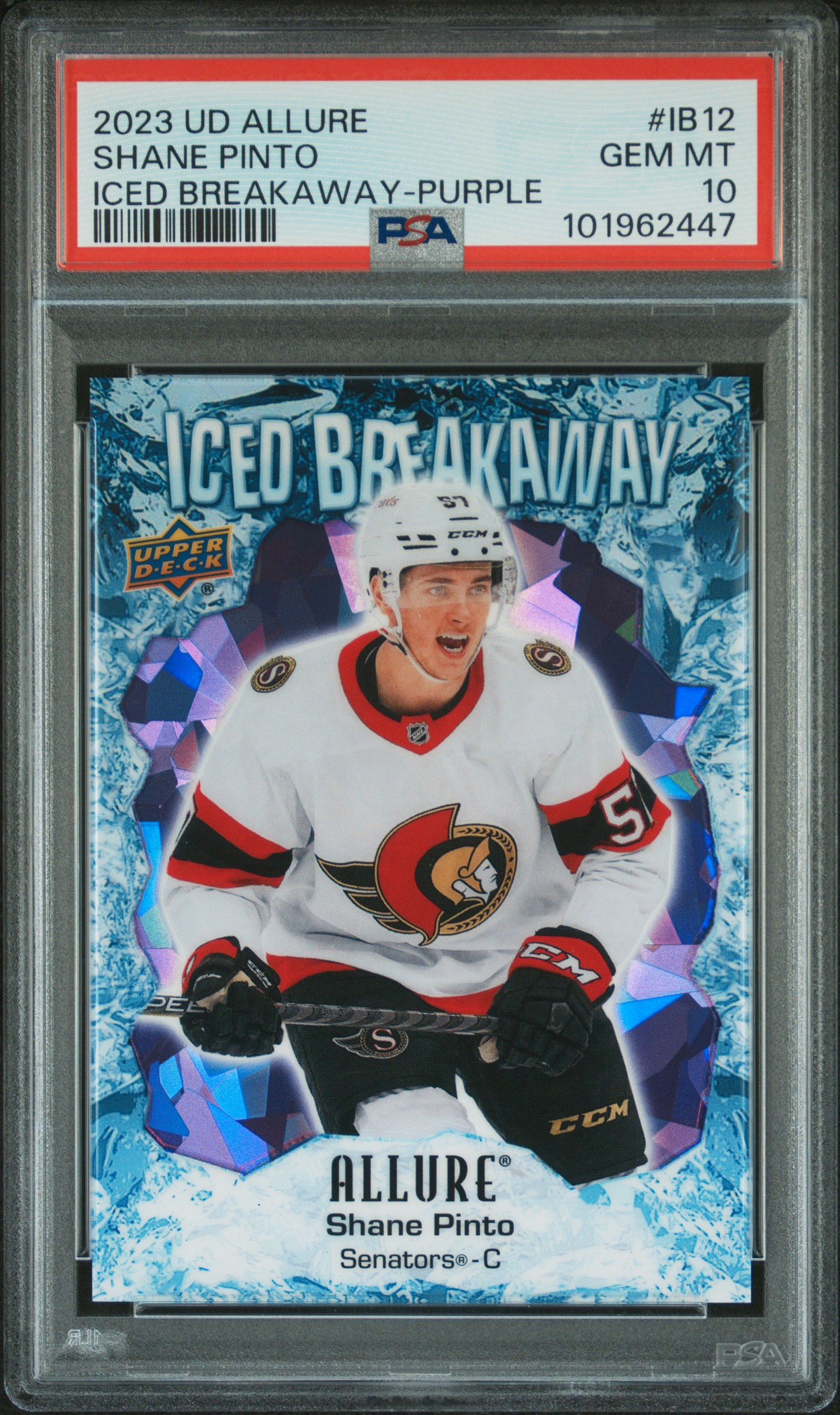 2023 Upper Deck Allure Iced Breakaway Shane Pinto #Ib12 (Iced Breakaway-Purple) Gem Mt 10 front