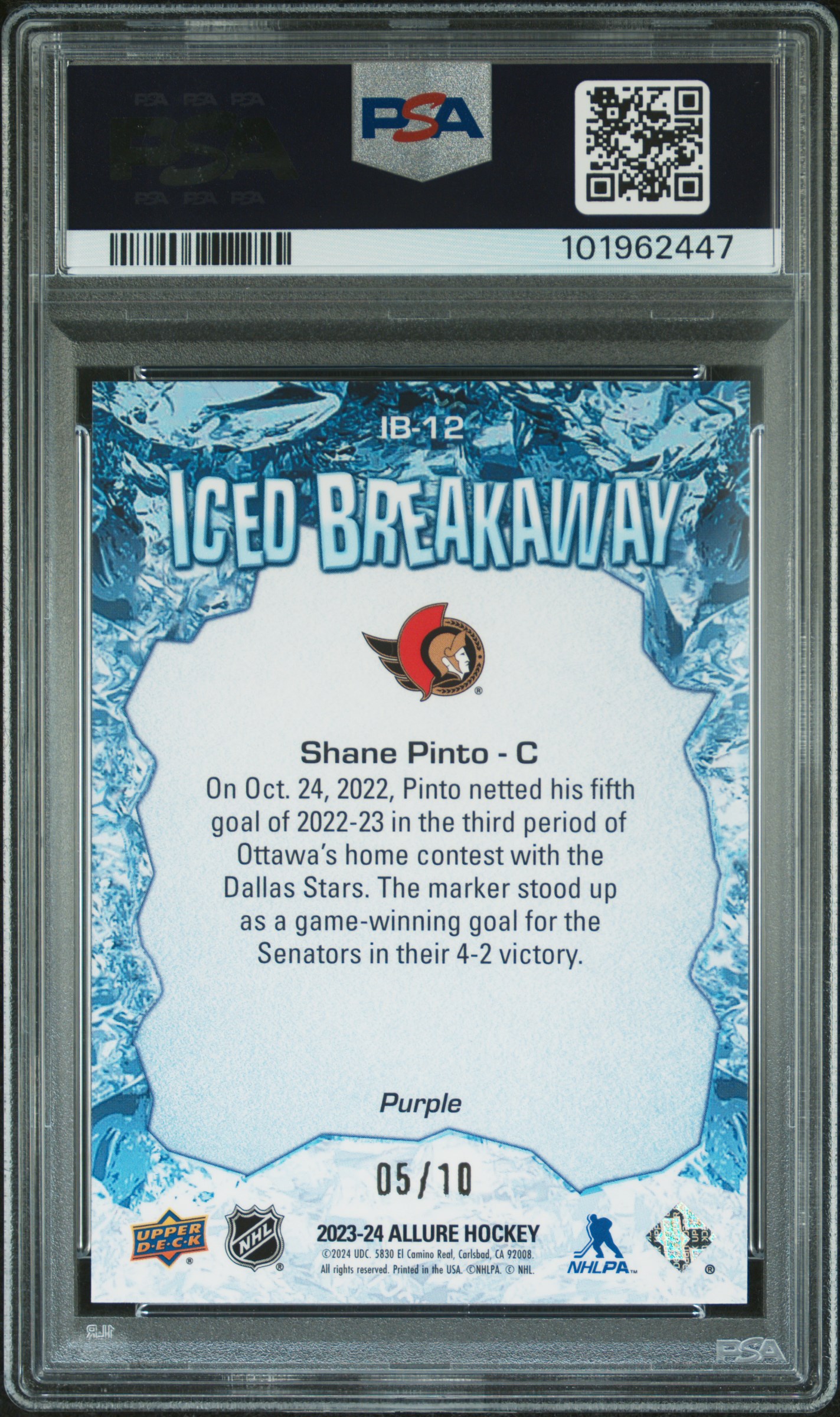 2023 Upper Deck Allure Iced Breakaway Shane Pinto #Ib12 (Iced Breakaway-Purple) Gem Mt 10 back
