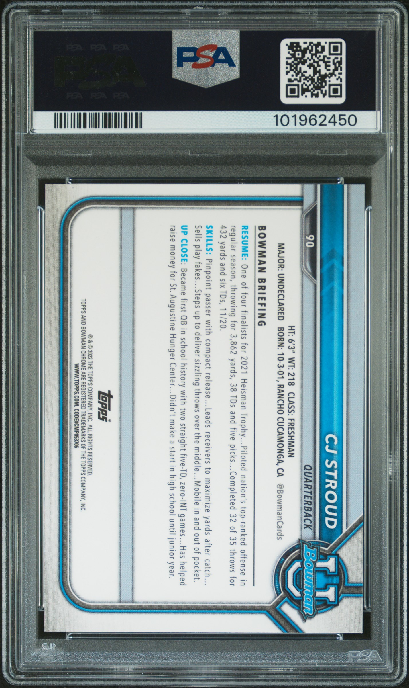 2021 Bowman University Chrome Prospects Cj Stroud #90 (Chrome Prospects-Lava Ref.) Mint 9 back