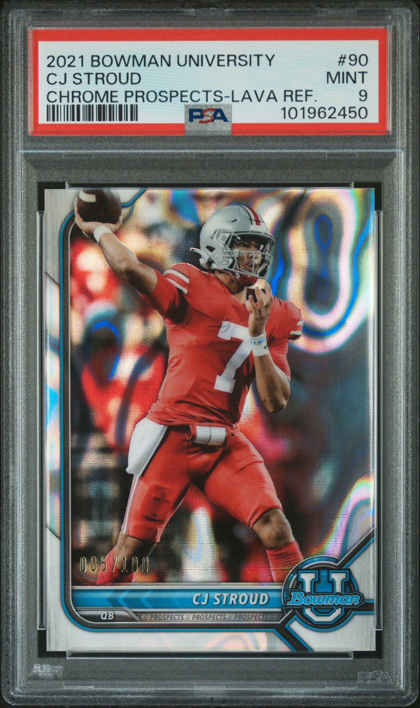 2021 Bowman University Chrome Prospects Cj Stroud #90 (Chrome Prospects-Lava Ref.) Mint 9 front