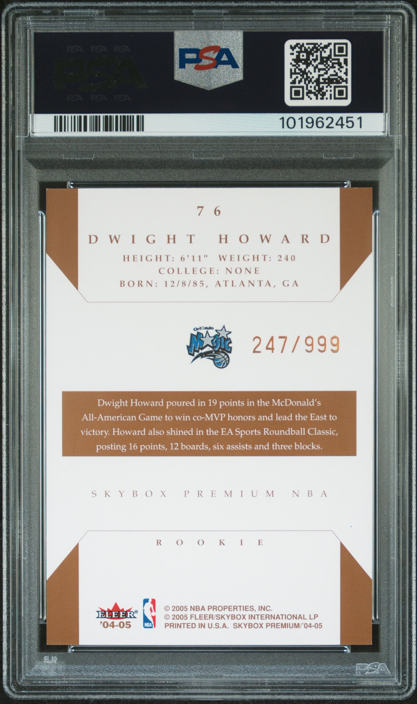 2004 Skybox Premium Dwight Howard #76 Mint 9 back
