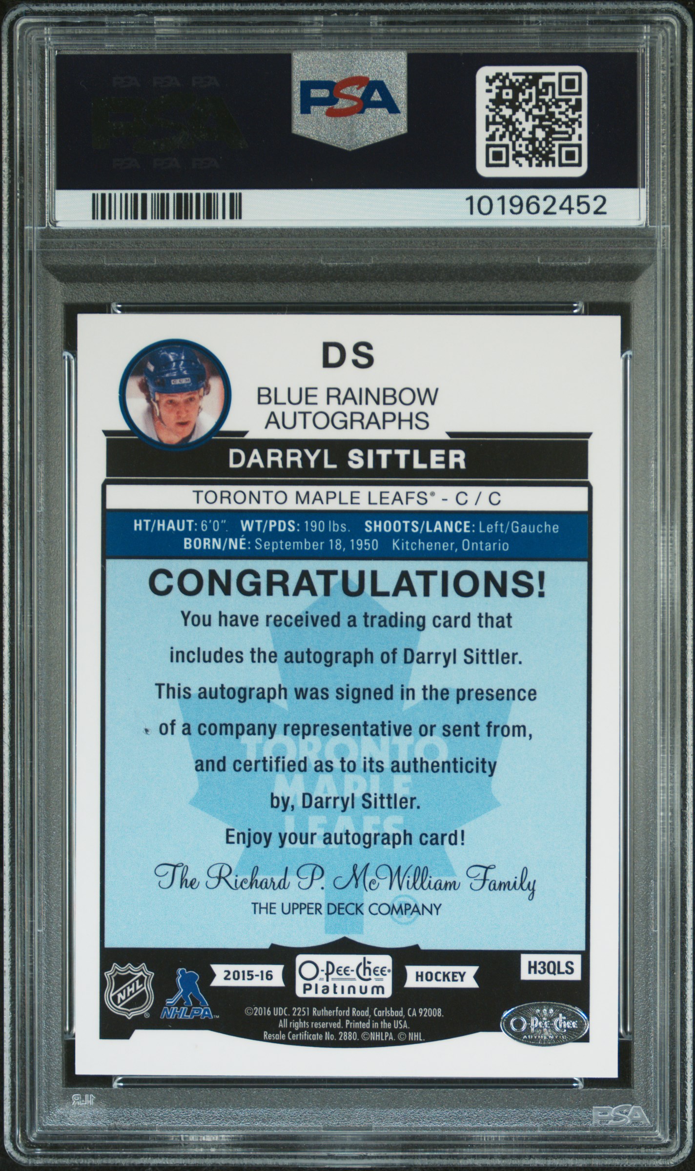 2015 O-Pee-Chee Platinum Blue Rainbow Autographs Darryl Sittler #Ds (Blue Rainbow Auto.) Mint 9 back