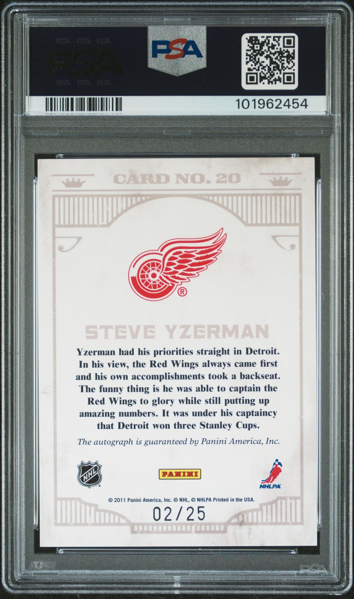 2011 Panini Crown Royale Ice Kings Steve Yzerman #20 (Ice Kings-Autograph) Gem Mt 10 back