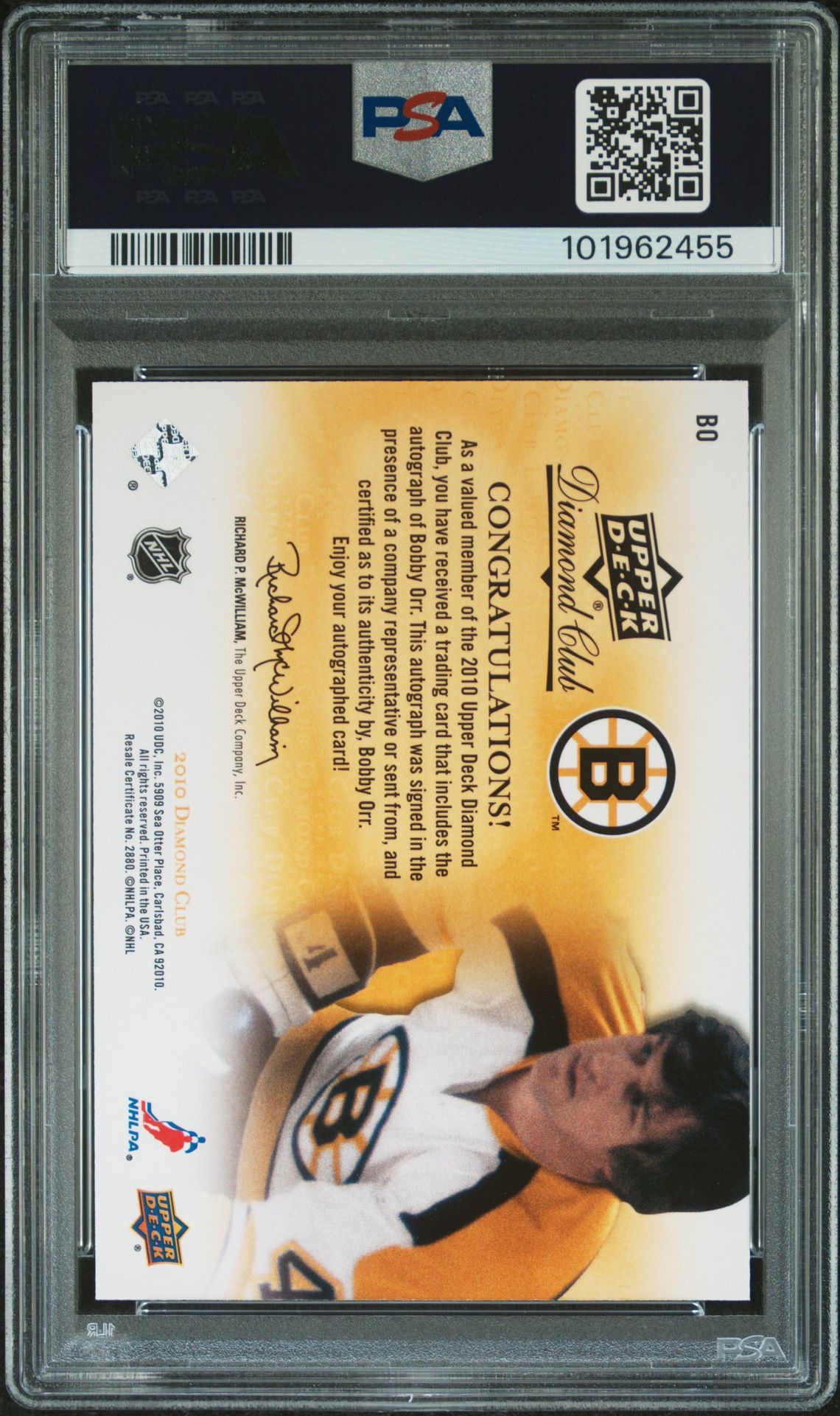 2010 Upper Deck Diamond Club Autographs Bobby Orr #Bo (Autographs) Gem Mt 10 back