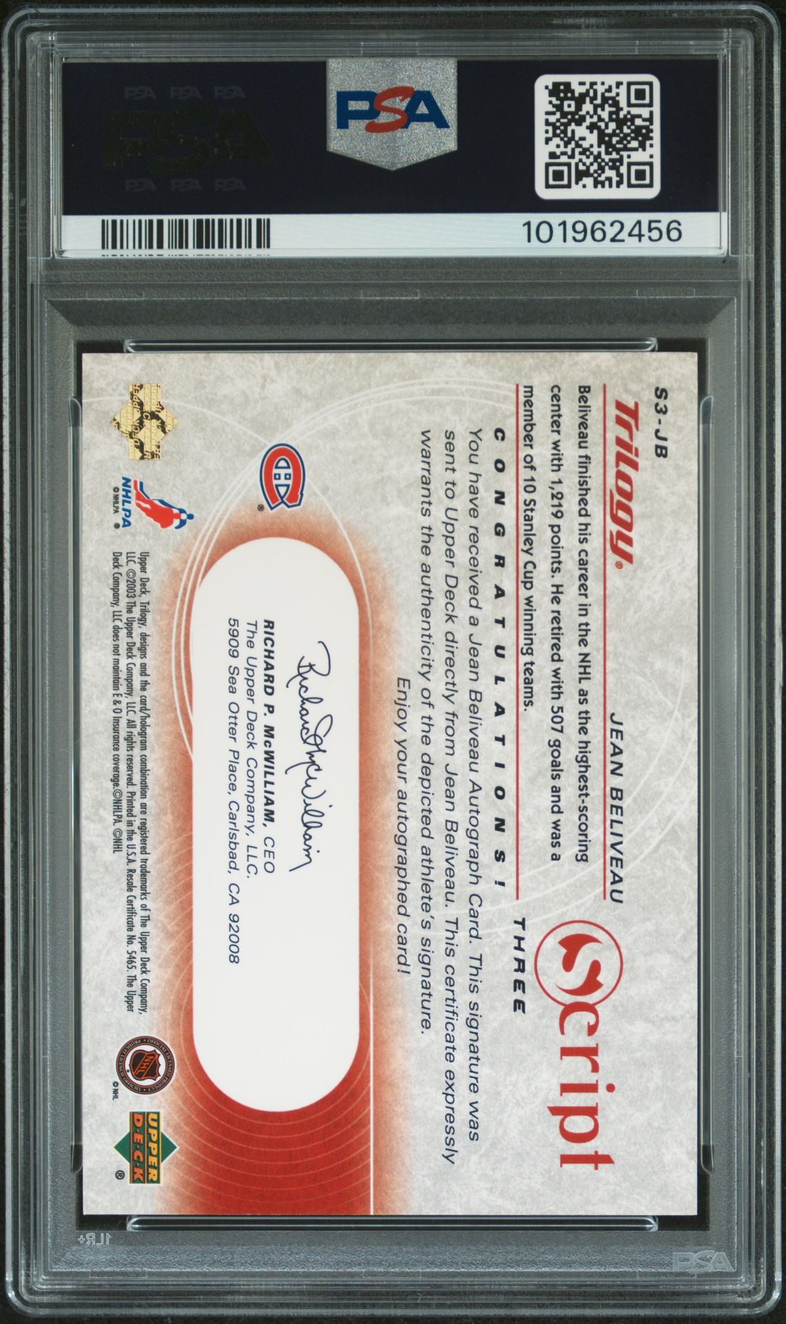 2003 Upper Deck Trilogy Script Three Jean Beliveau #S3-Jb (Script Three) Nm-Mt 8 back