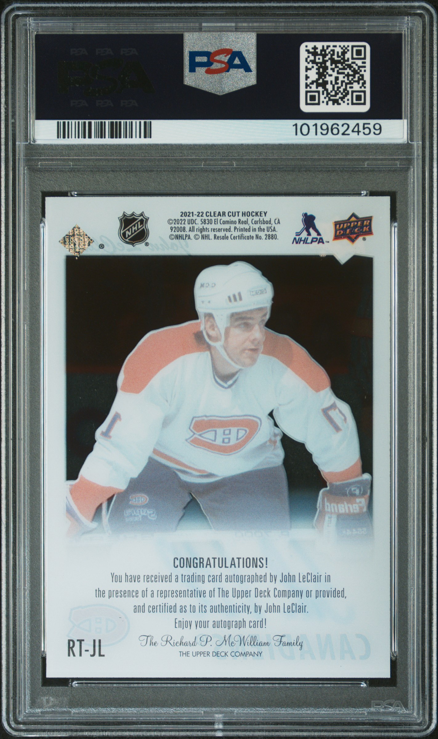 2022 Upper Deck Clear Cut Tribute Autos 1991-92 Upper Deck 2021-22 John Leclair #Rtjl Mint 9 back