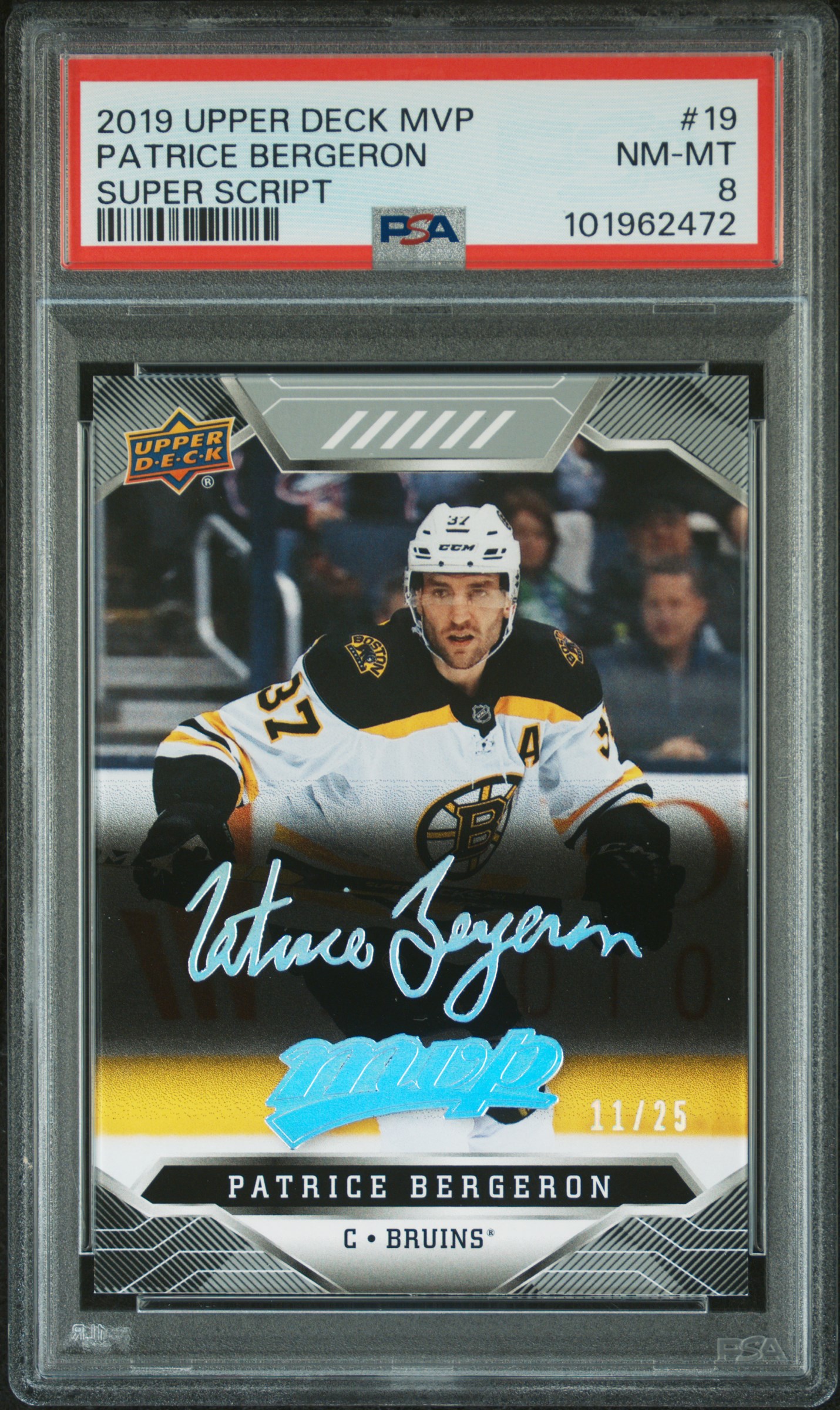 2019 Upper Deck Mvp Patrice Bergeron #19 (Super Script) Nm-Mt 8 front