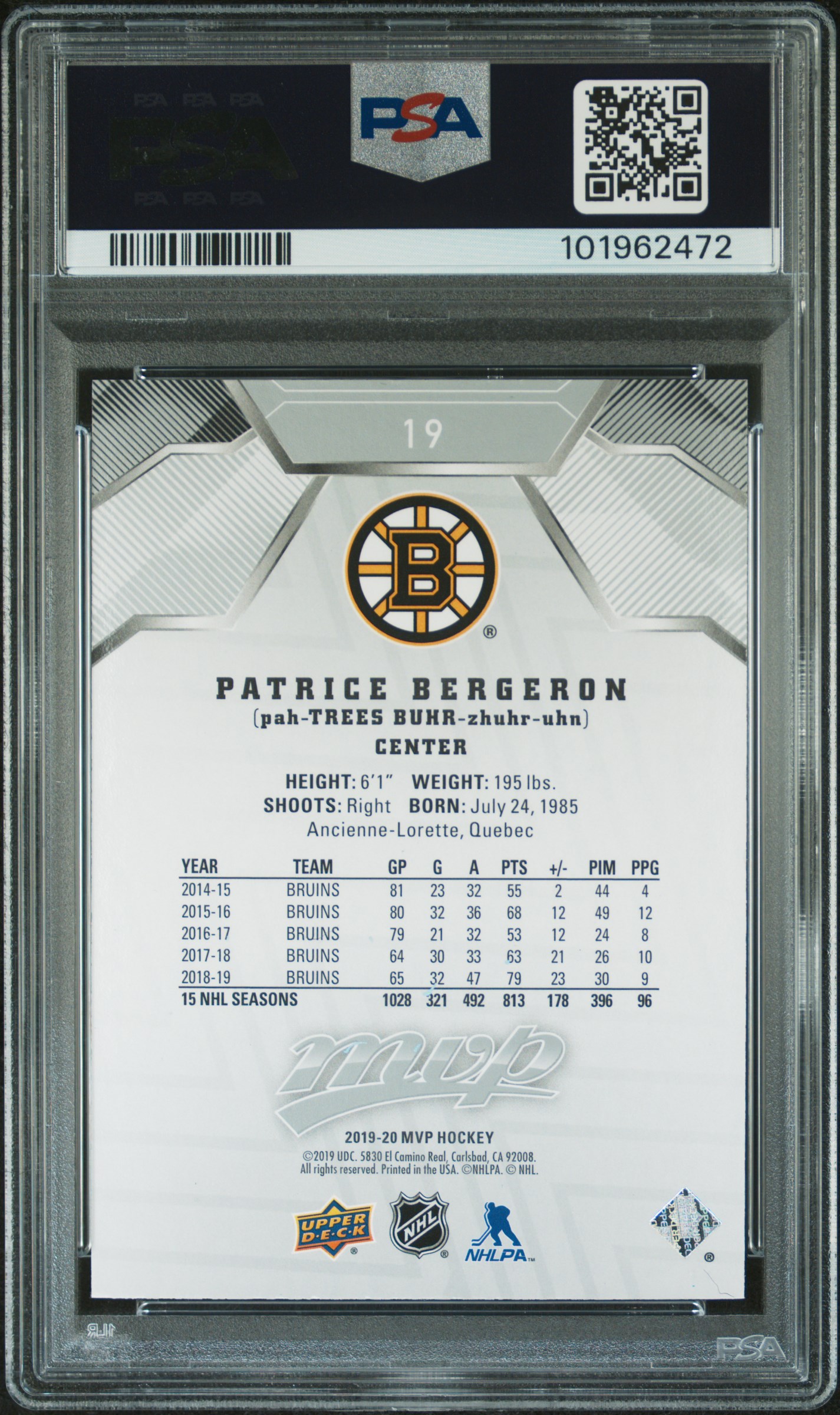2019 Upper Deck Mvp Patrice Bergeron #19 (Super Script) Nm-Mt 8 back