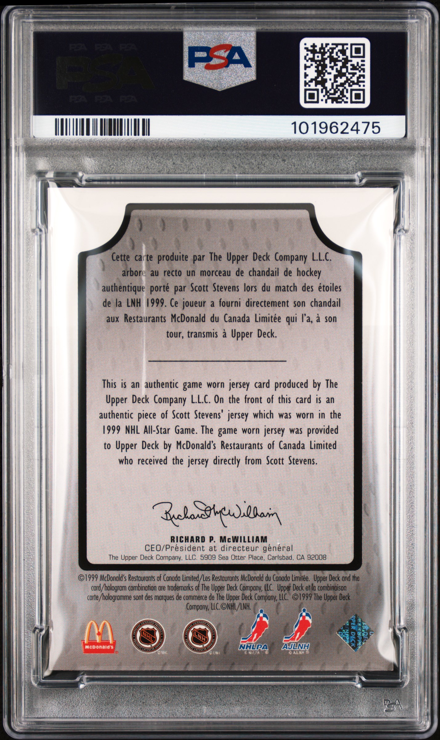 1999 Upper Deck Mcdonald's Signature Game Jersey Scott Stevens (Game Jersey) Mint 9 back