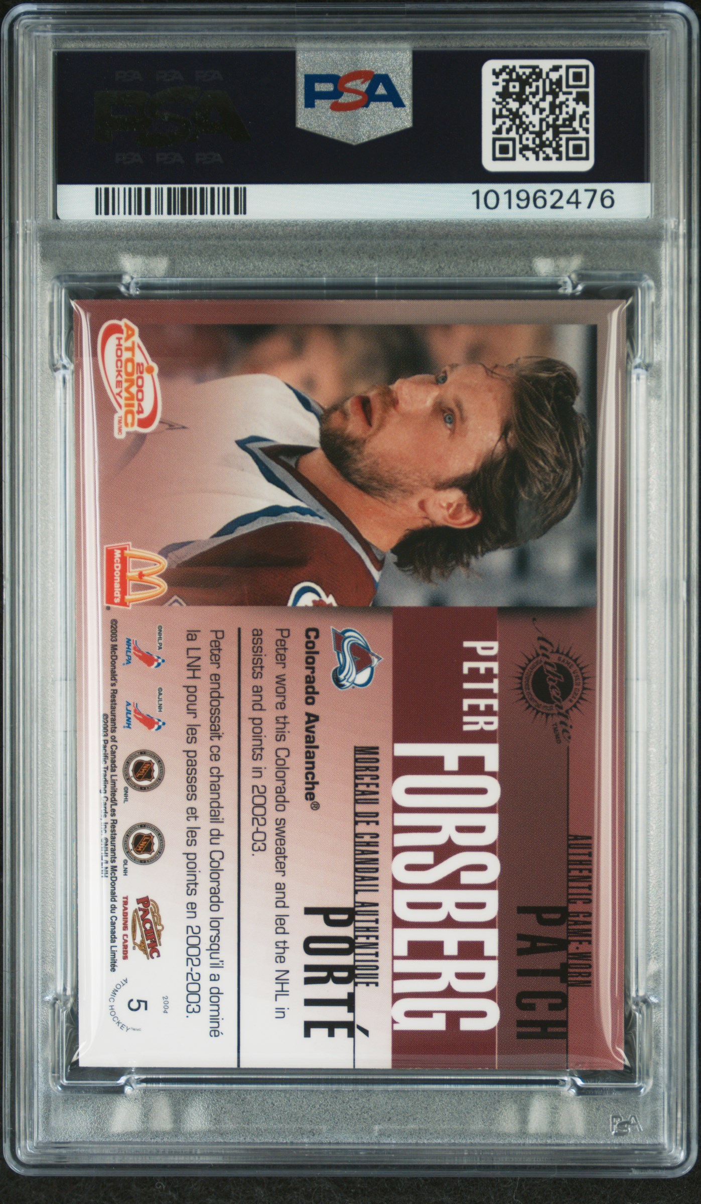 2003 Pacific Atomic Mcdonalds Patches Peter Forsberg #5 (Mcdonalds Patch-Silver) Nm-Mt 8 back