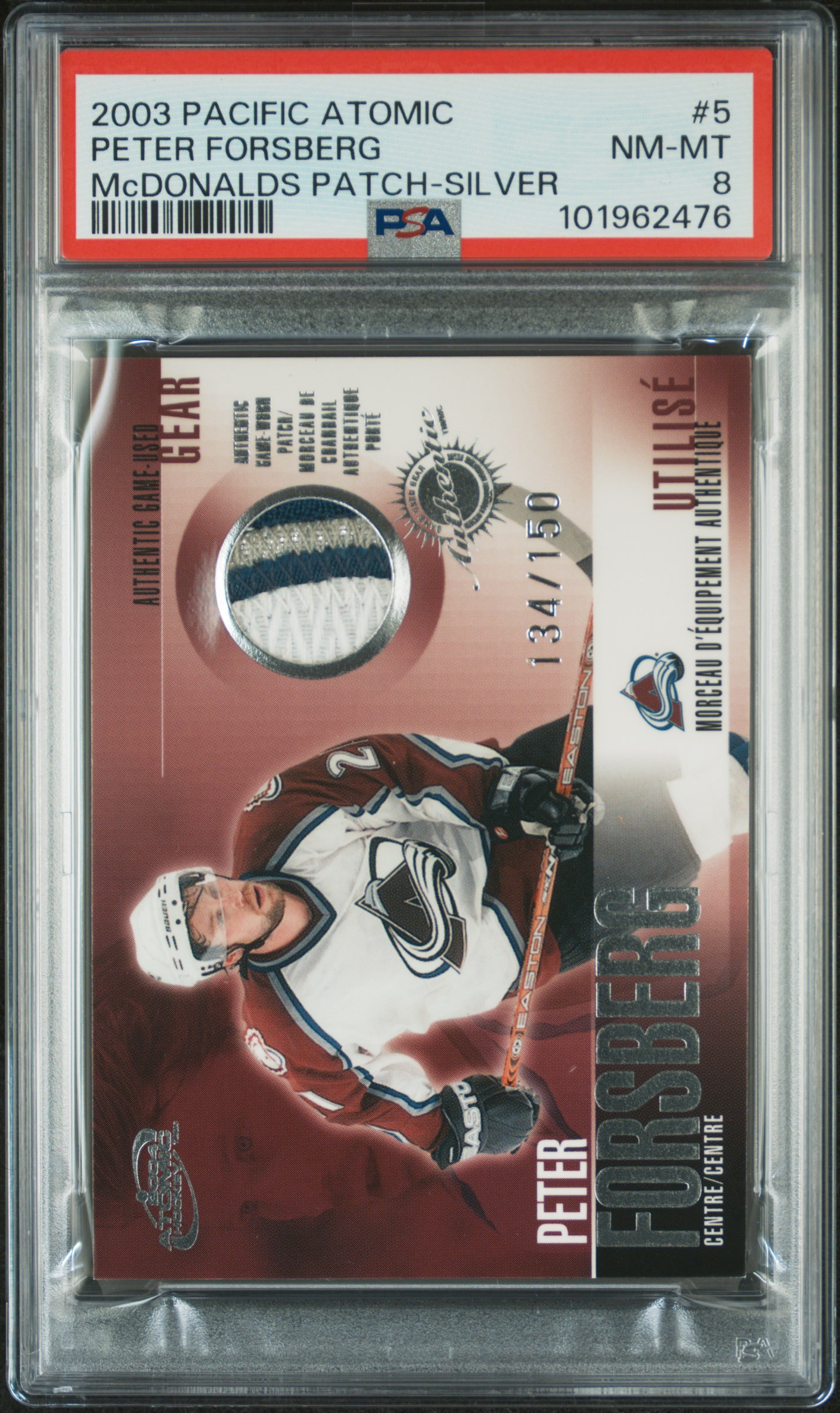 2003 Pacific Atomic Mcdonalds Patches Peter Forsberg #5 (Mcdonalds Patch-Silver) Nm-Mt 8 front