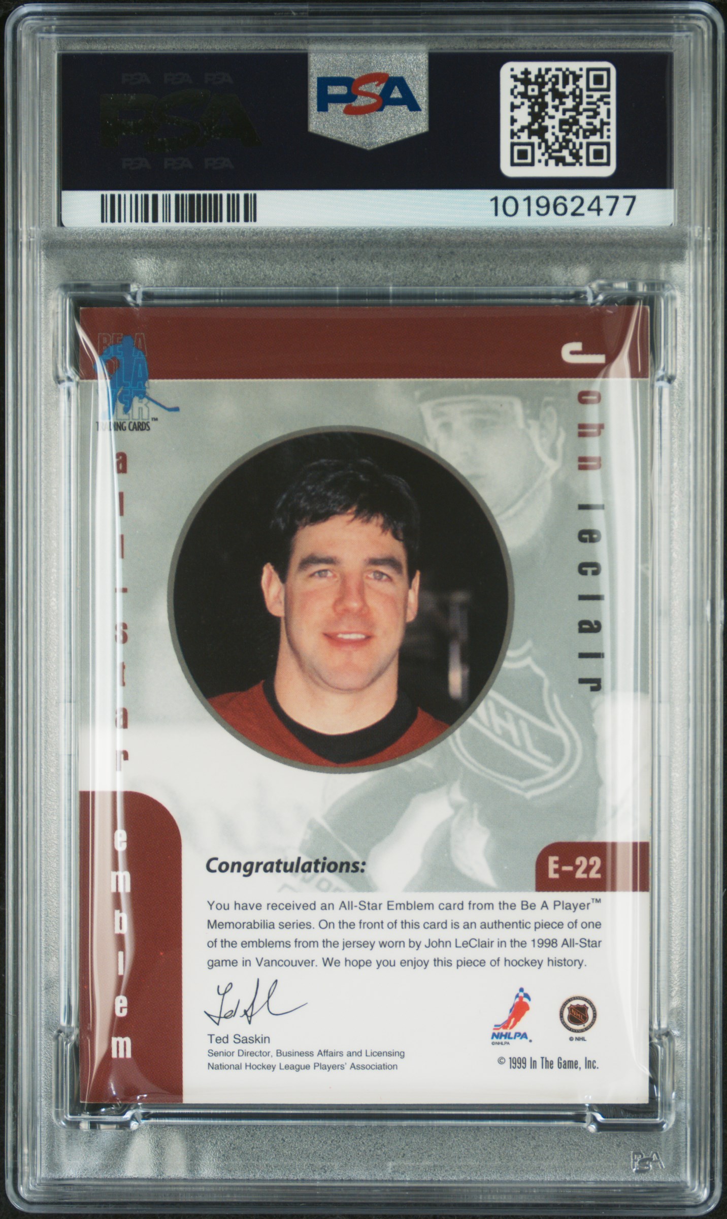 1999 Be A Player Memorabilia All-Star Emblems John Leclair #E-22 Nm-Mt 8 back