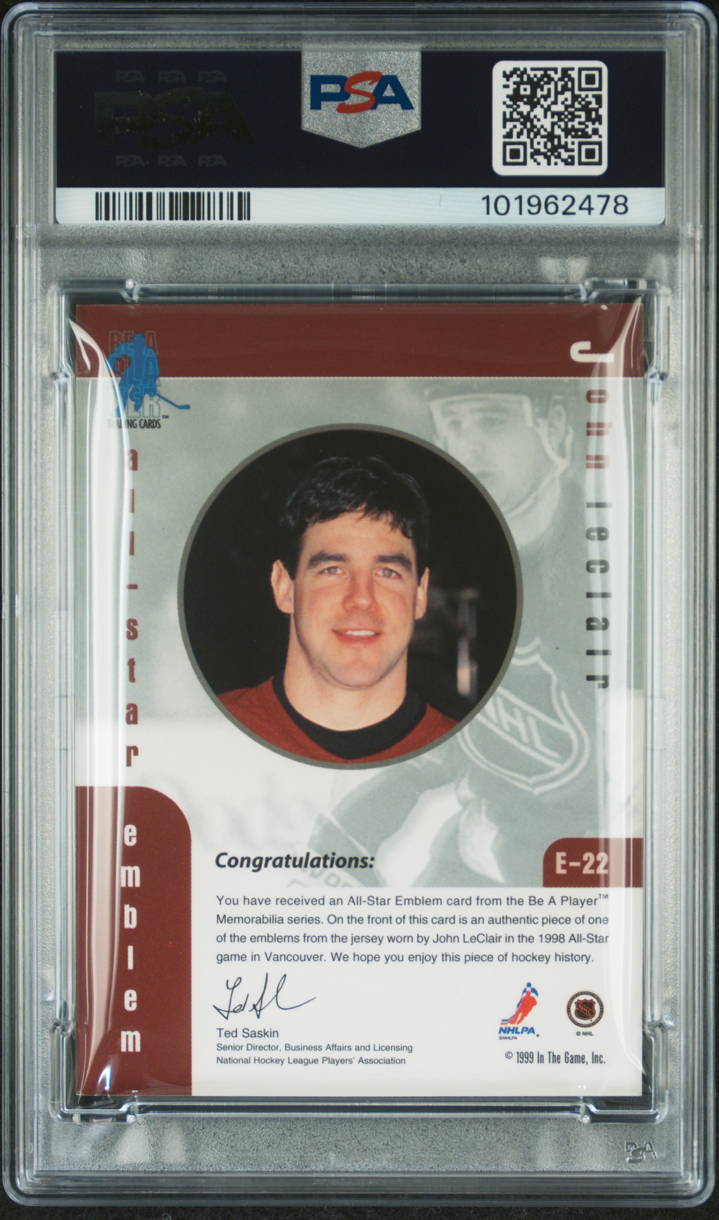 1999 Be A Player Memorabilia All-Star Emblems John Leclair #E-22 Nm-Mt 8 back