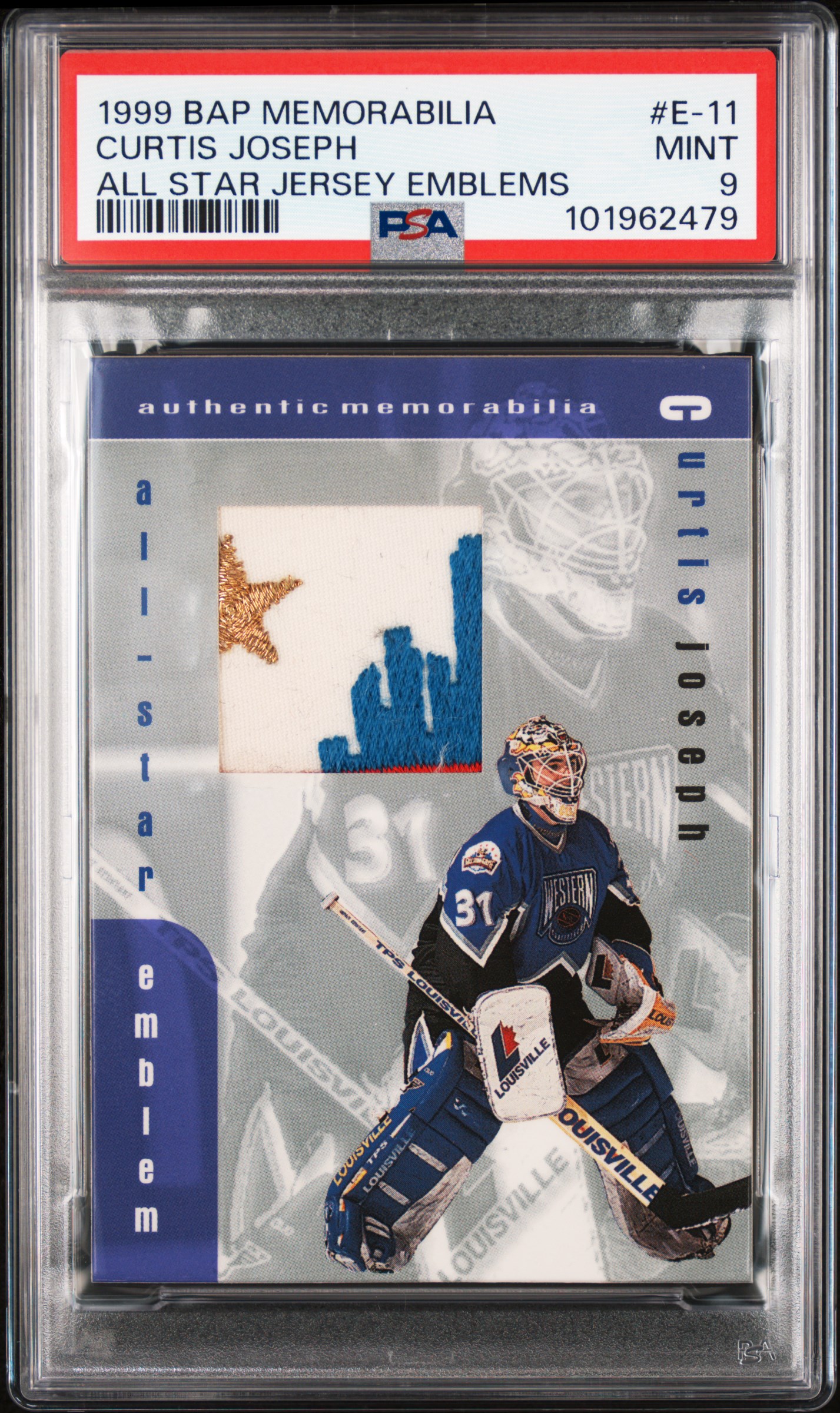 1999 Bap Memorabilia All Star Jersey Emblems Curtis Joseph #E-11 (All Star Jersey Emblems) Mint 9 front