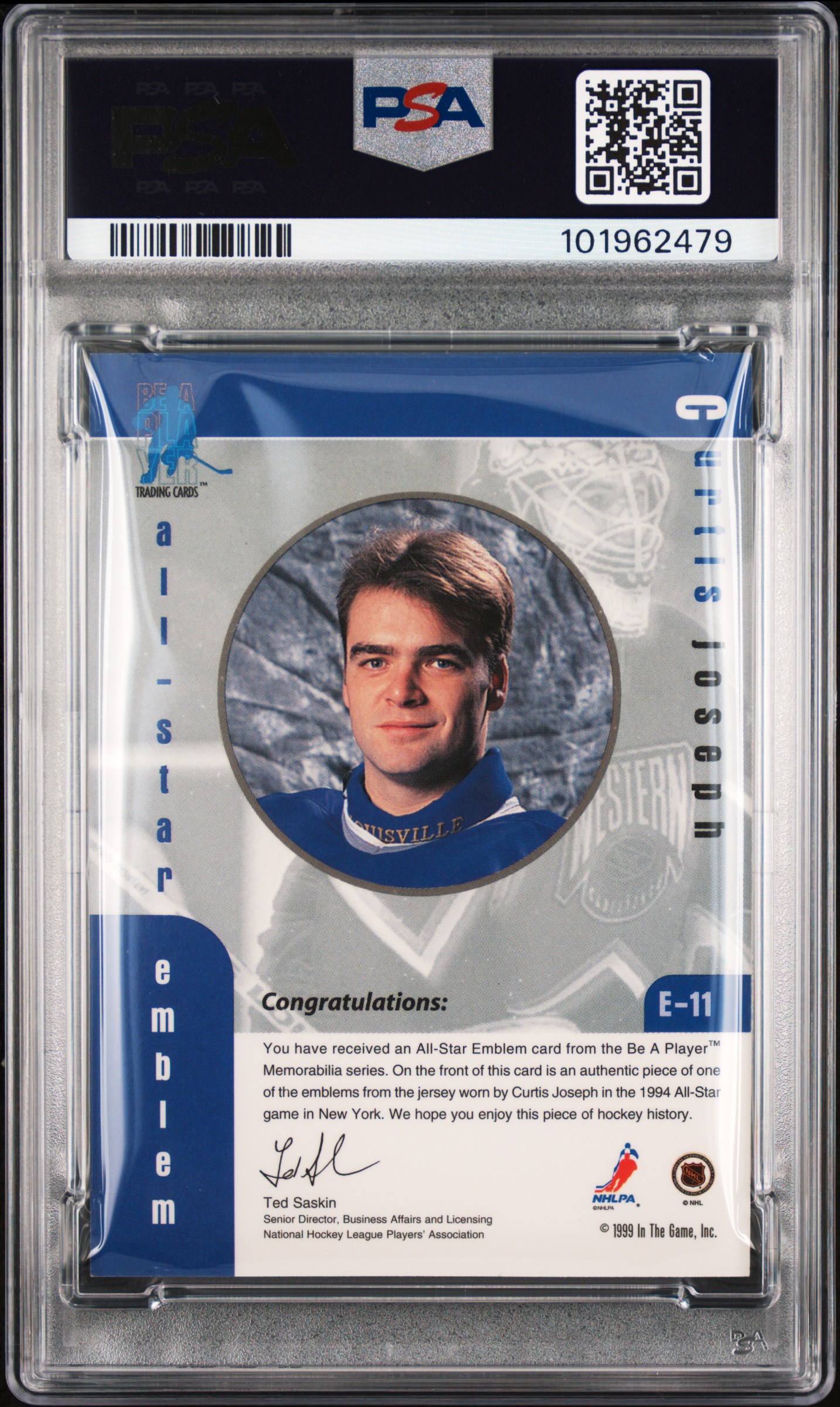 1999 Bap Memorabilia All Star Jersey Emblems Curtis Joseph #E-11 (All Star Jersey Emblems) Mint 9 back