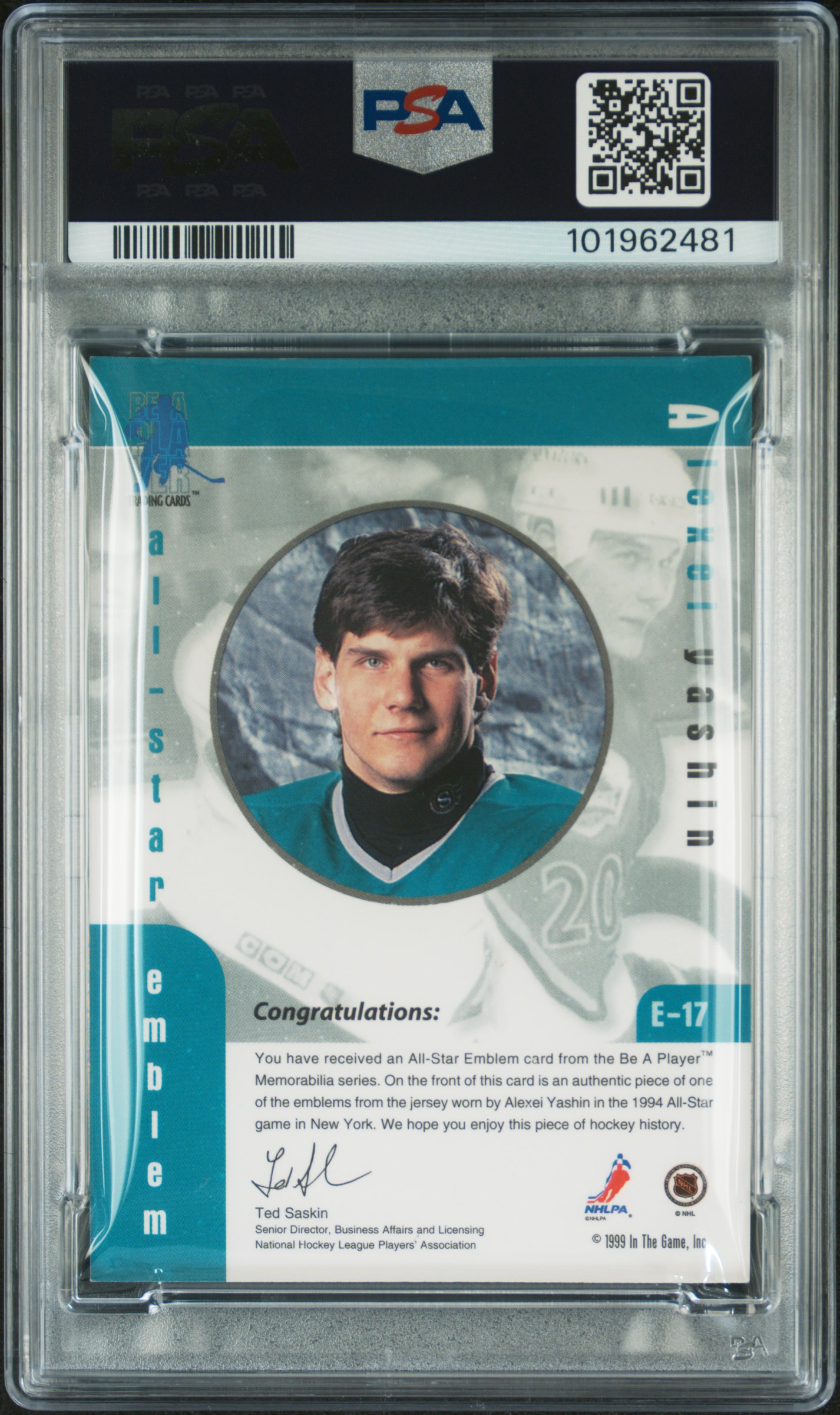 1999 Bap Memorabilia All Star Jersey Emblems Alexei Yashin #E-17 (All Star Jersey Emblems) Nm-Mt 8 back