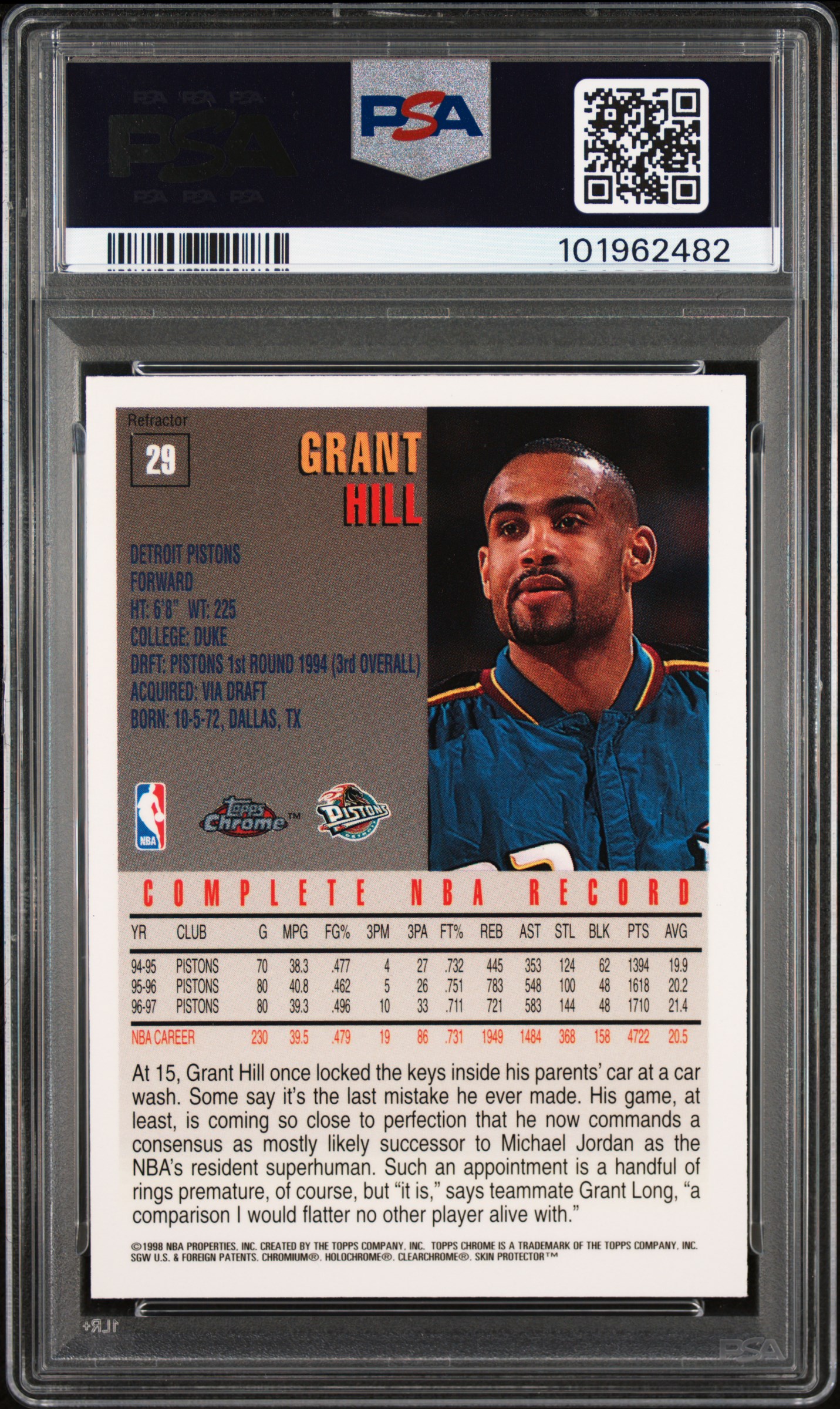 1997 Topps Chrome Grant Hill #29 (Refractor) Mint 9 back