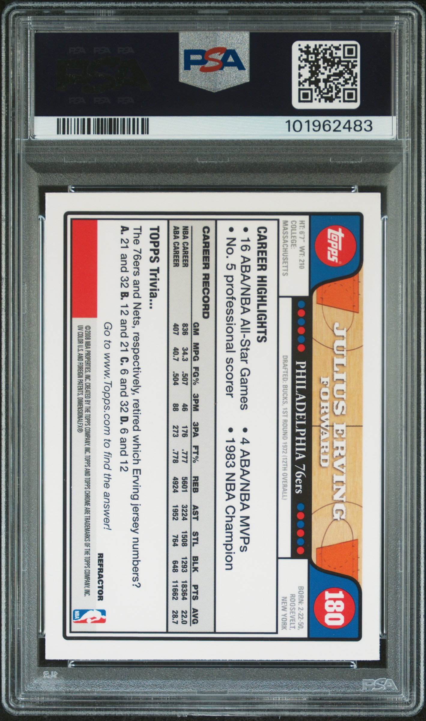 2008 Topps Chrome Julius Erving #180 (Refractor) Mint 9 back