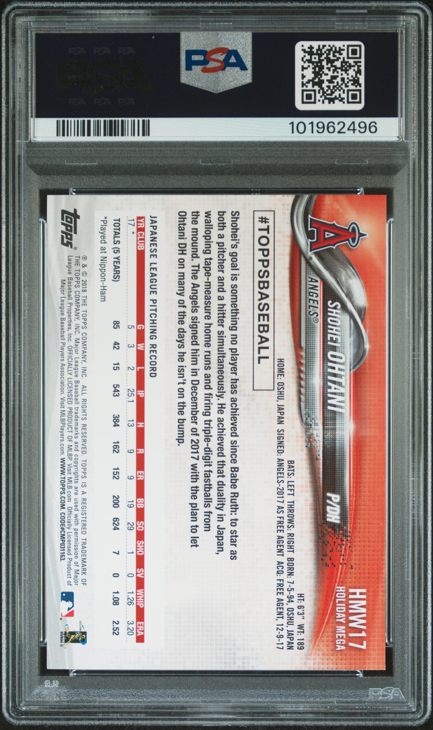 2018 Topps Holiday Shohei Ohtani #17 (Metallic Snowflake) Nm-Mt 8 back