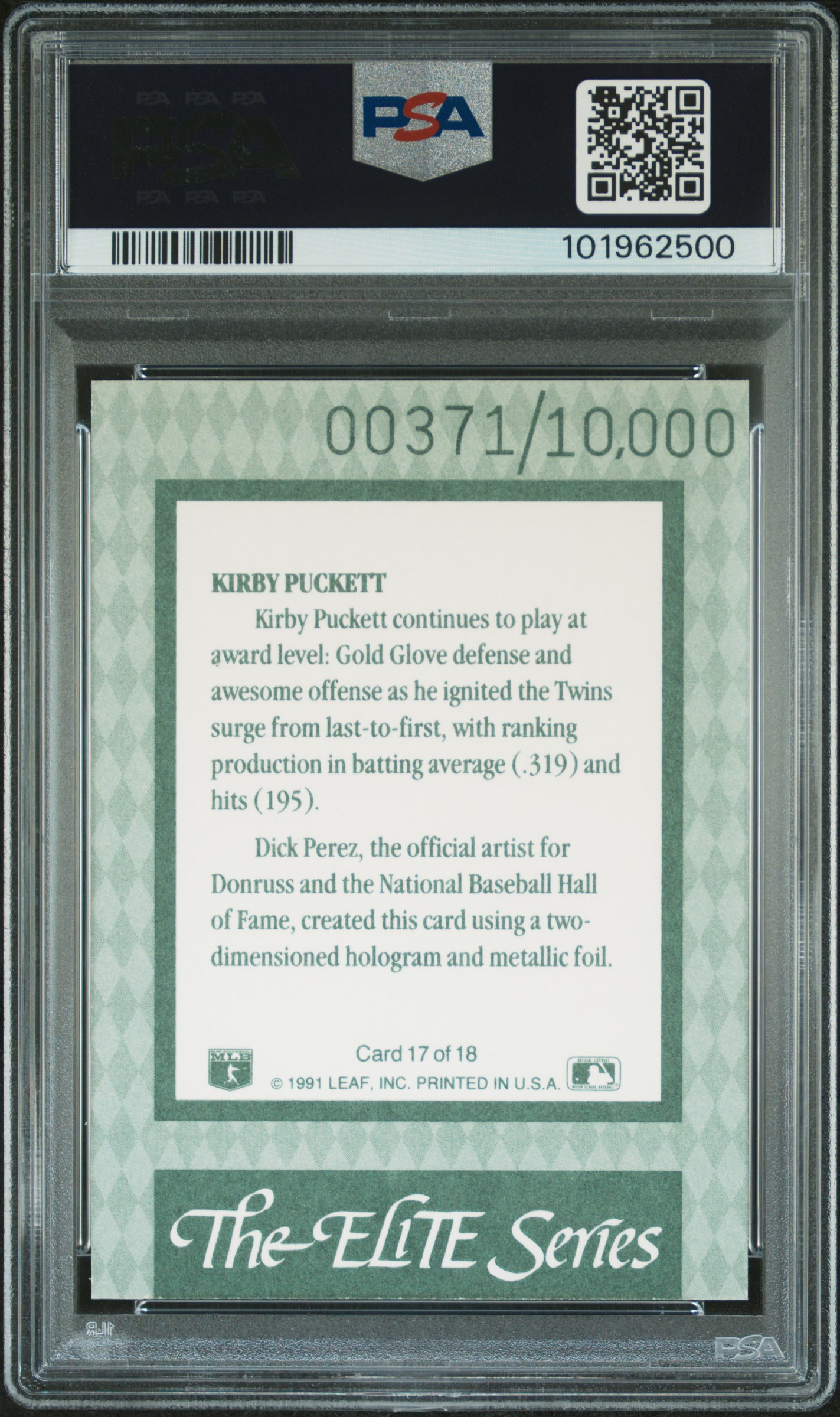 1992 Donruss Elite Kirby Puckett #17 Mint 9 back