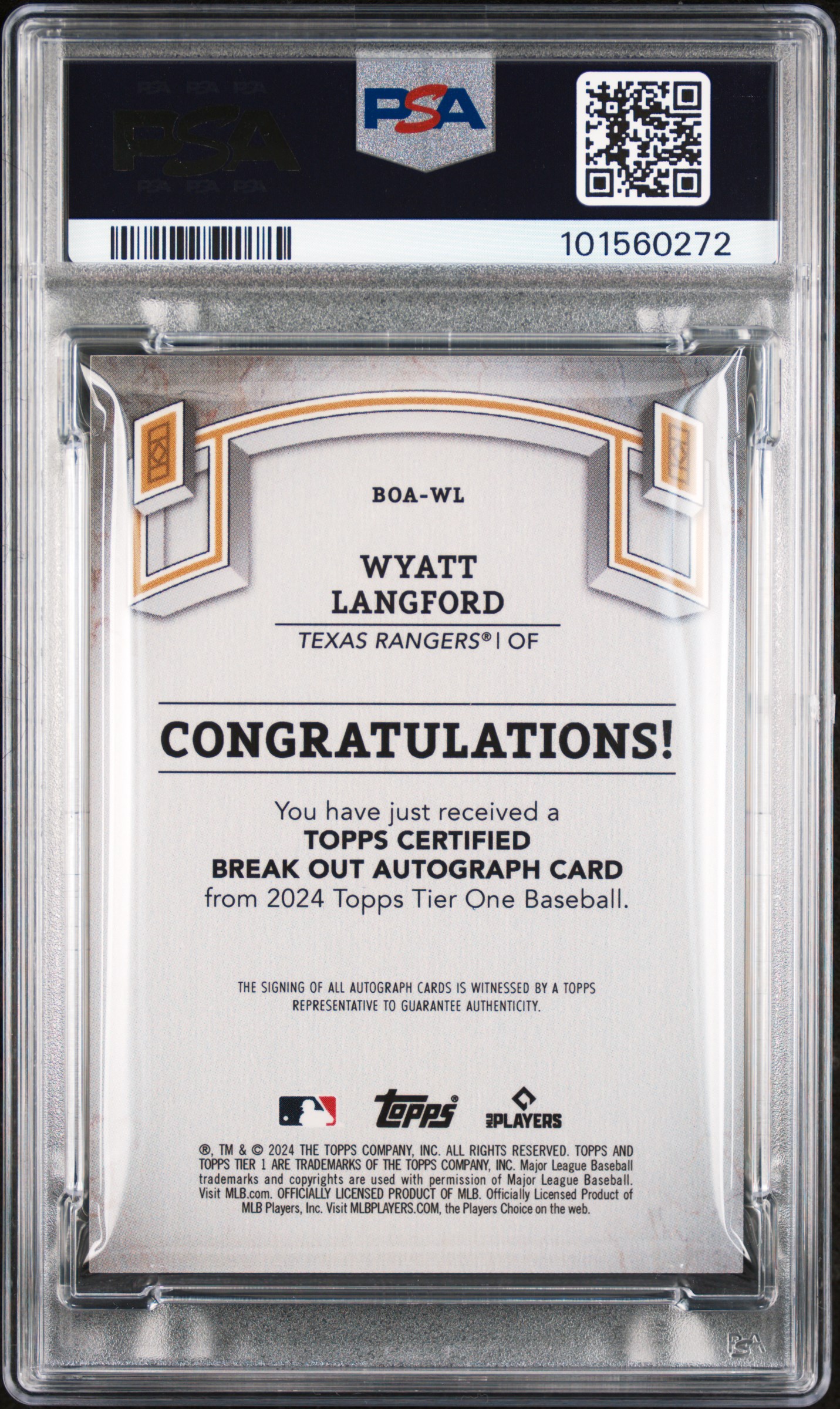 2024 Topps Tier One Break Out Autographs Wyatt Langford #Boawl (Break Out Auto-Blue Foil) Gem Mt 10 back