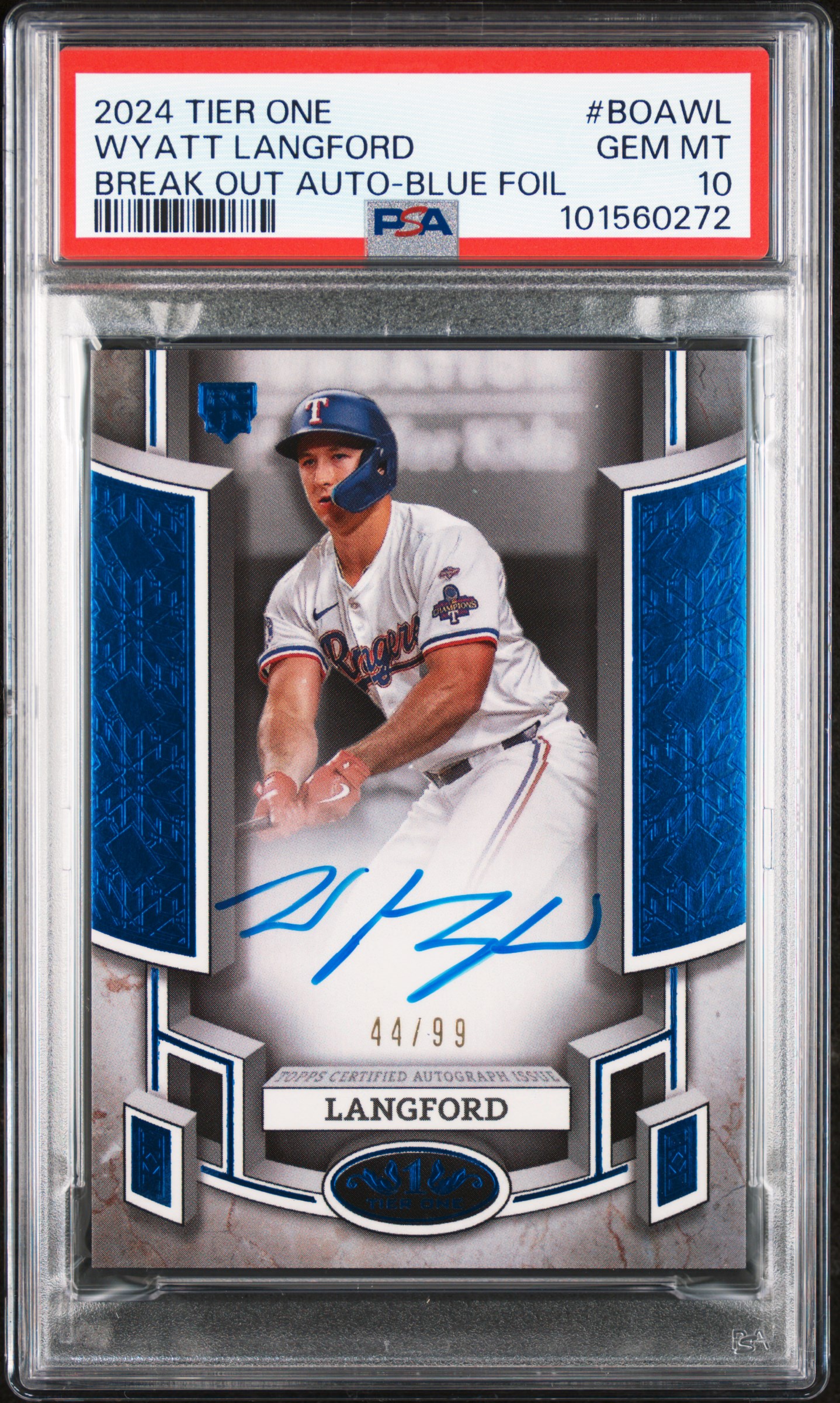 2024 Topps Tier One Break Out Autographs Wyatt Langford #Boawl (Break Out Auto-Blue Foil) Gem Mt 10 front