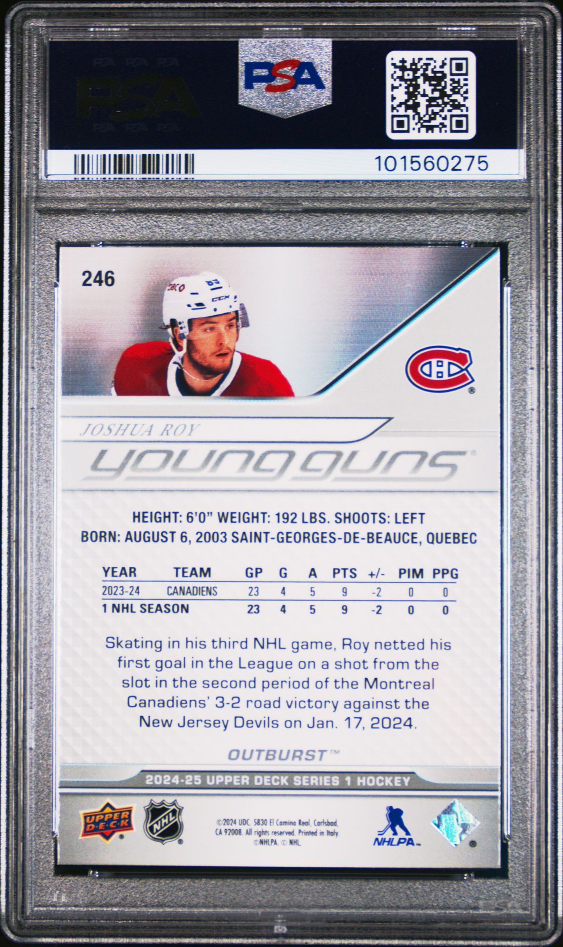 2024 Upper Deck Joshua Roy #246 (Outburst) Mint 9 back