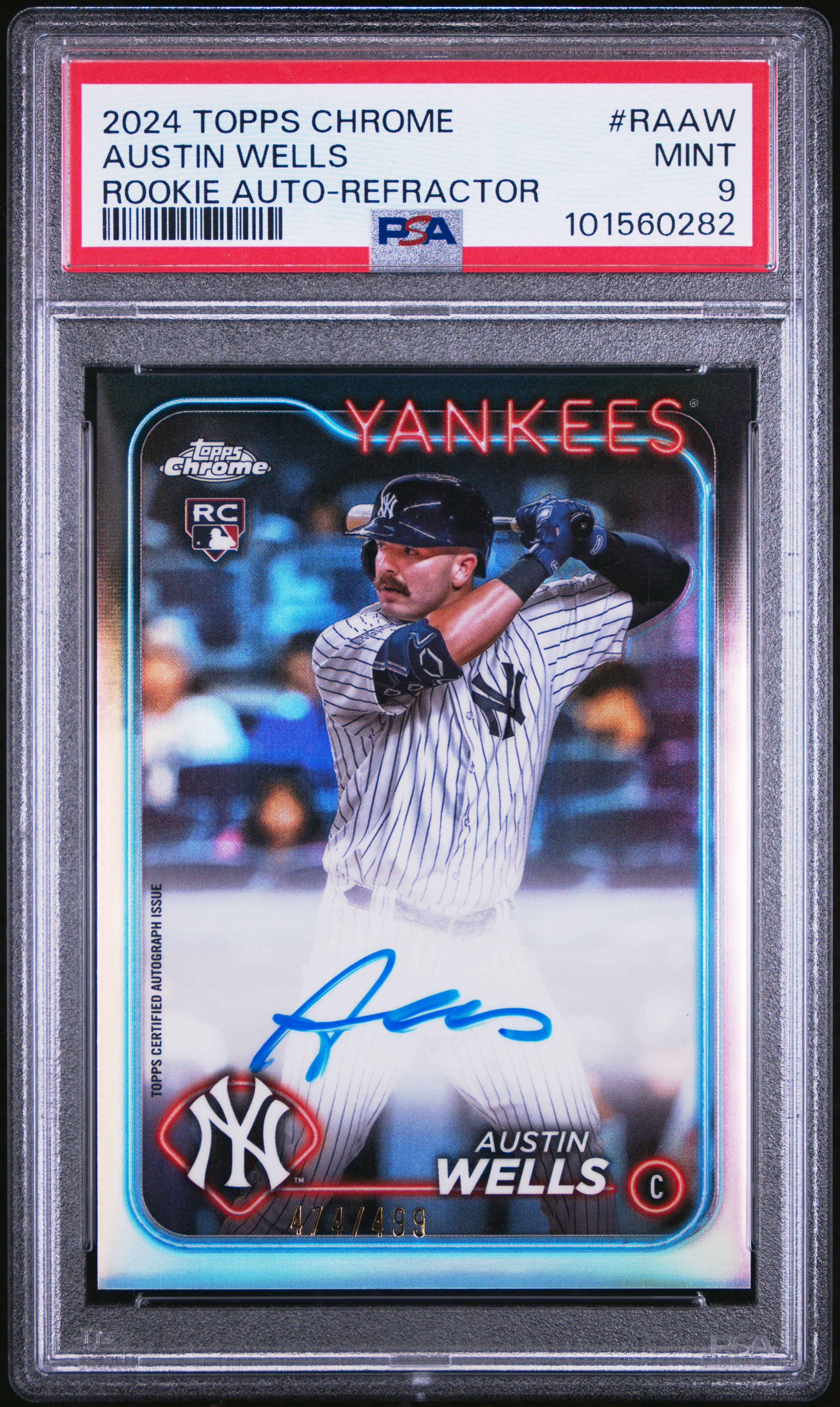 2024 Topps Chrome Rookie Autographs Austin Wells #Raaw (Rookie Auto-Refractor) Mint 9 front