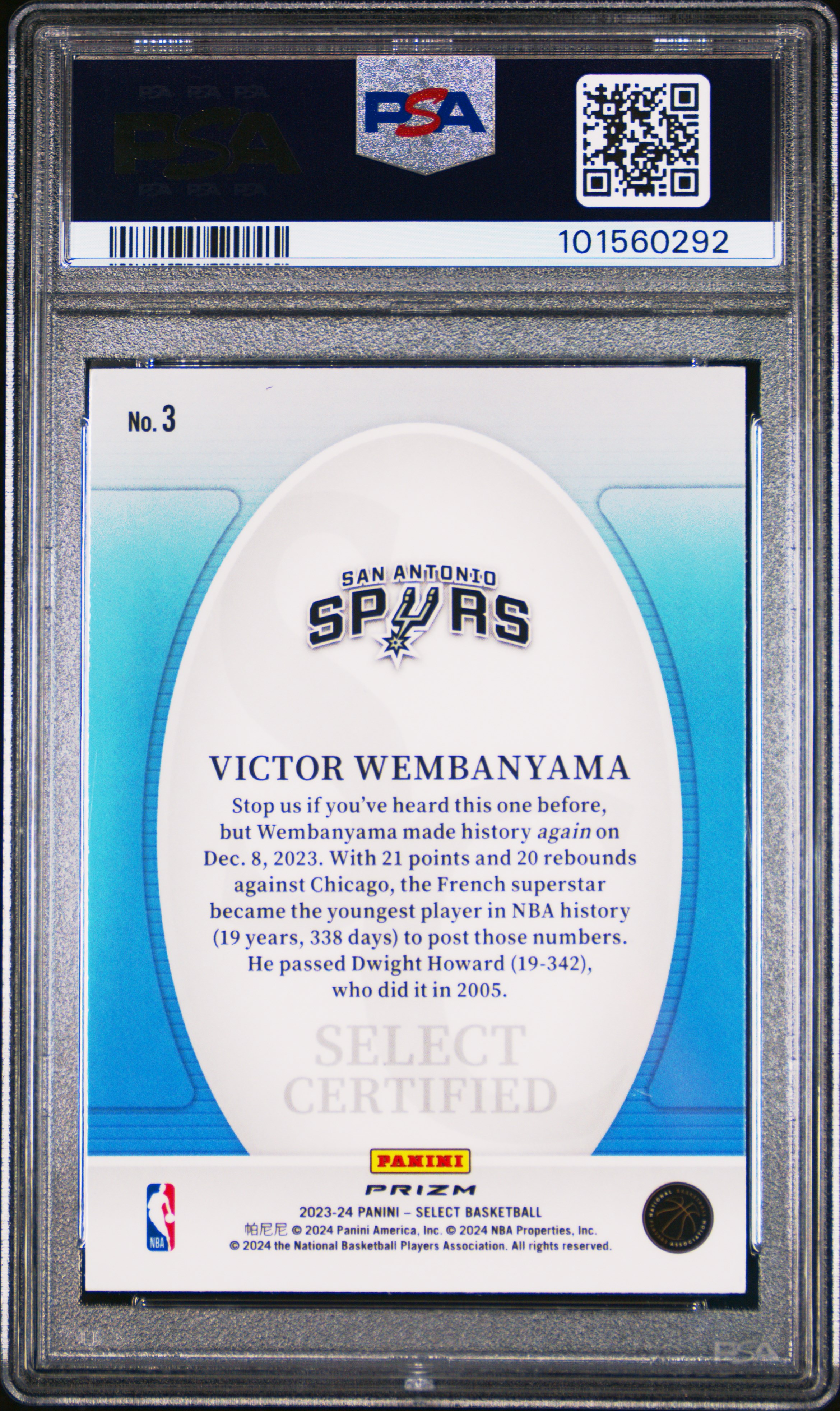 2023 Panini Select Select Certified Victor Wembanyama #3 (Certified-Silver Prizm) Nm-Mt 8 back