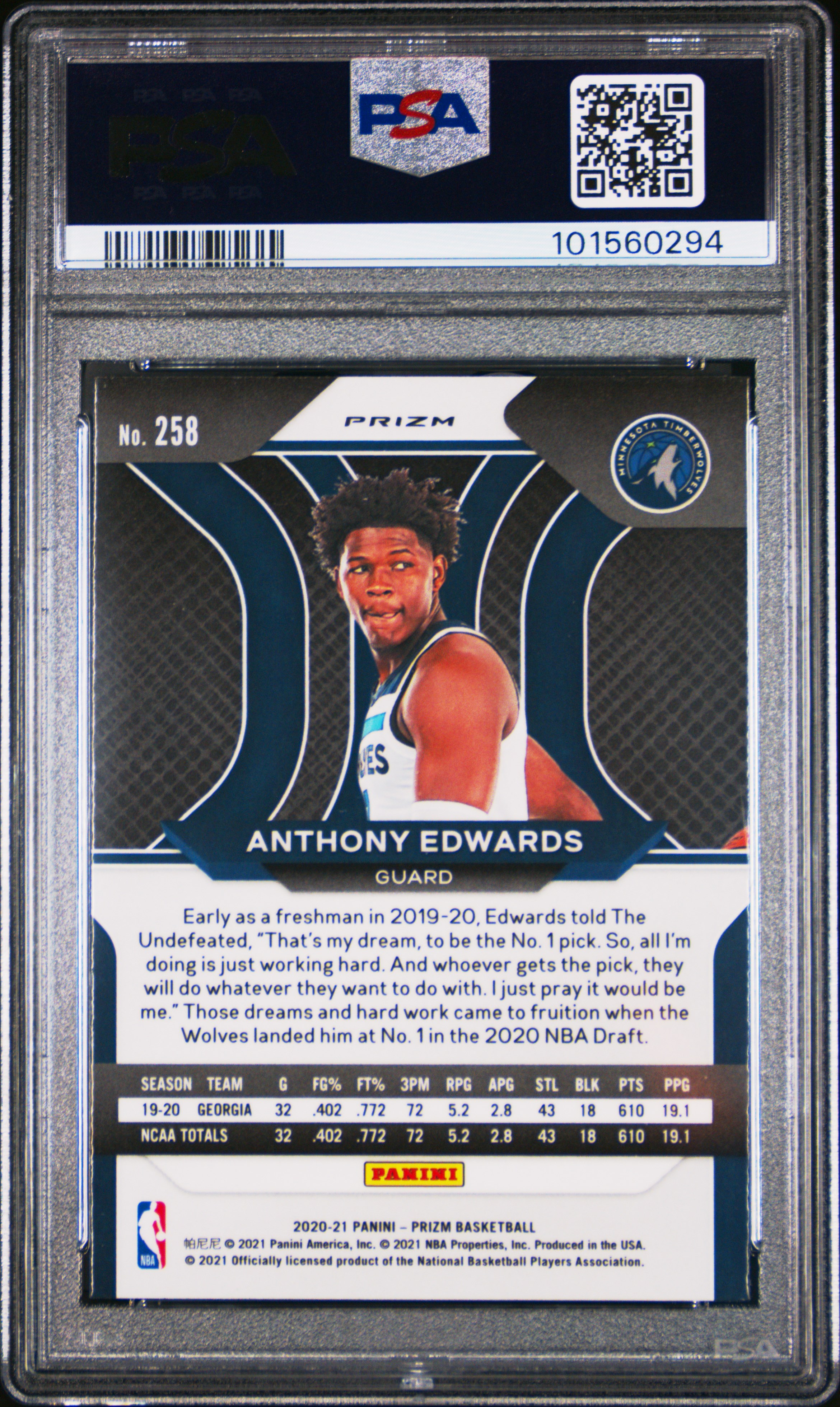 2020 Panini Prizm Anthony Edwards #258 (Green Prizm) Mint 9 back