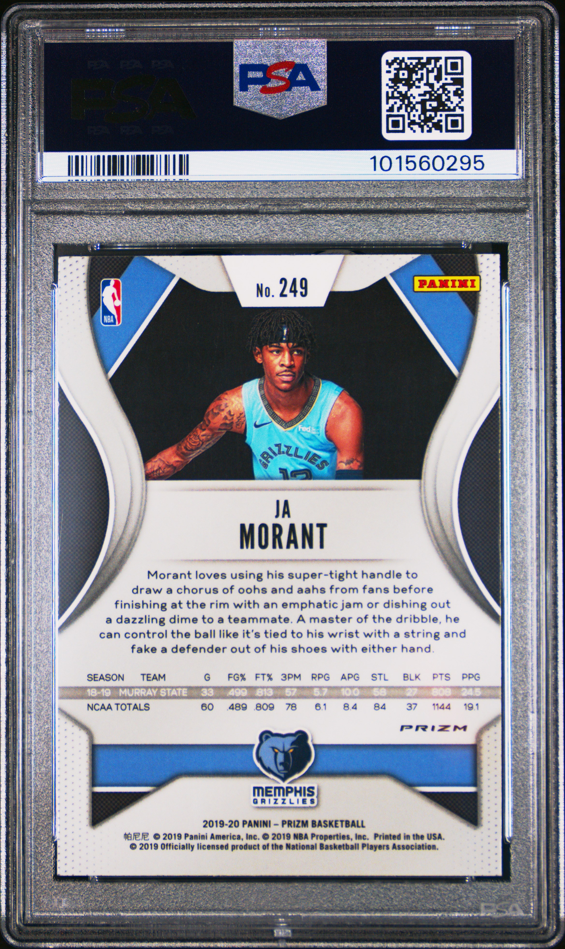 2019 Panini Prizm Ja Morant #249 (Silver Prizm) Gem Mt 10 back