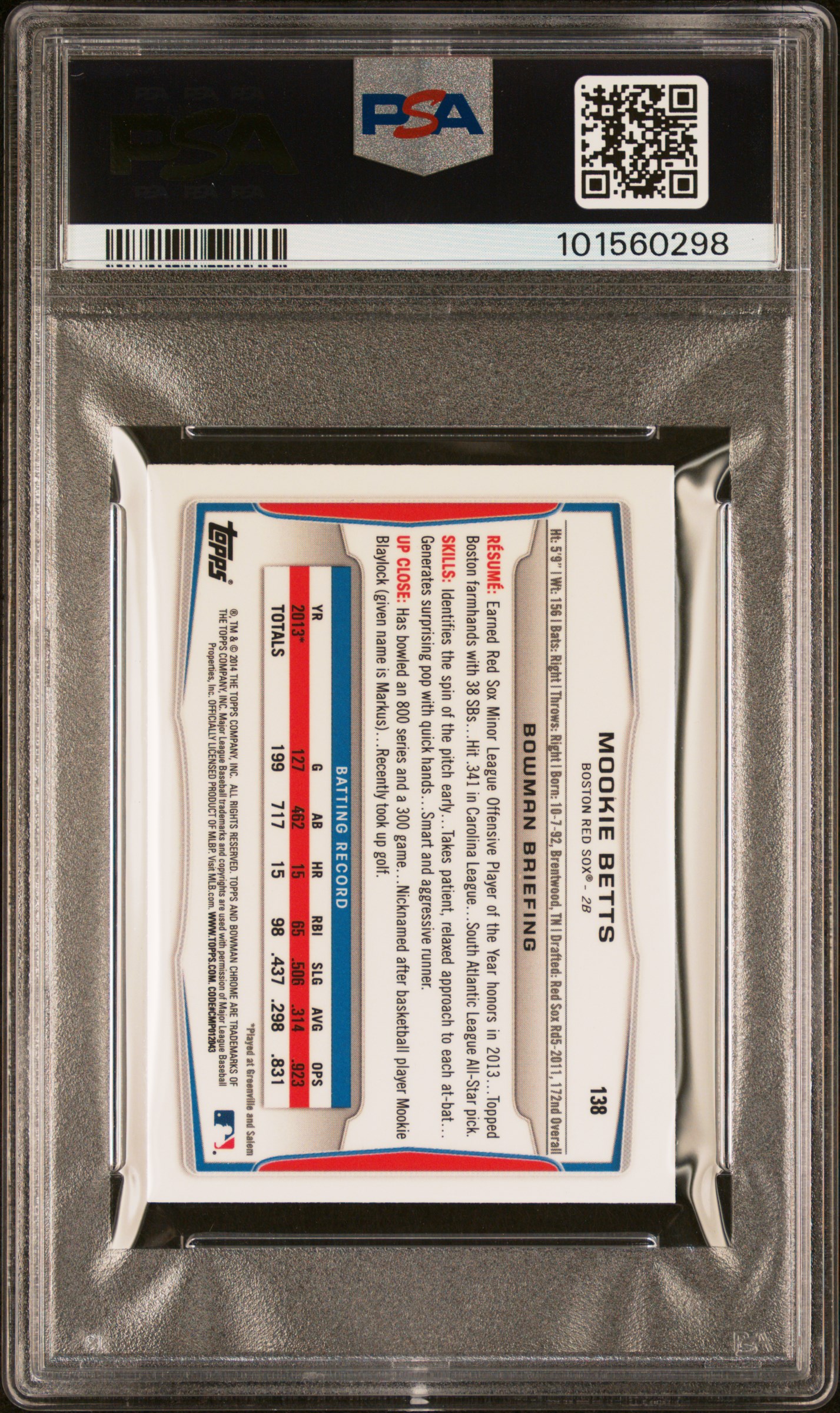 2014 Bowman Chrome Mini Mookie Betts #138 (Mini) Gem Mt 10 back