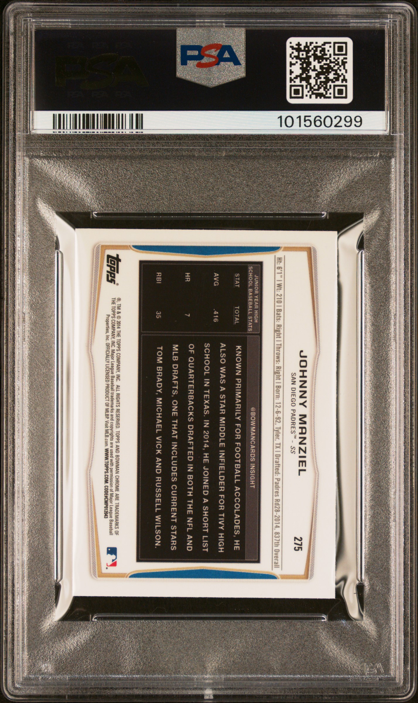 2014 Bowman Chrome Mini Johnny Manziel #275 (Mini) Gem Mt 10 back