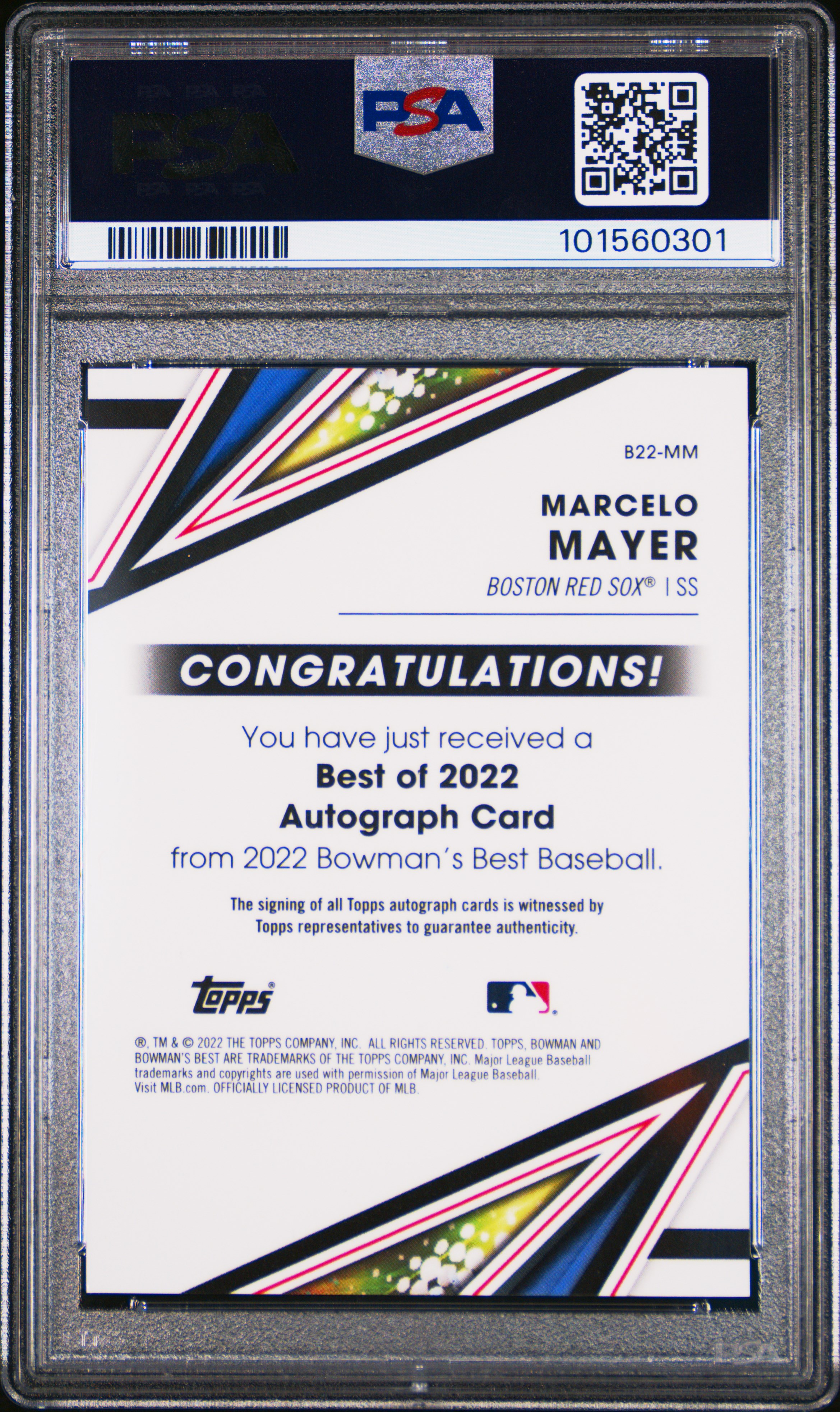 2022 Bowman's Best Best Of 2022 Autographs Marcelo Mayer #B22Mm (Best Of 2022 Au-Green Ref.) Gem Mt 10 back