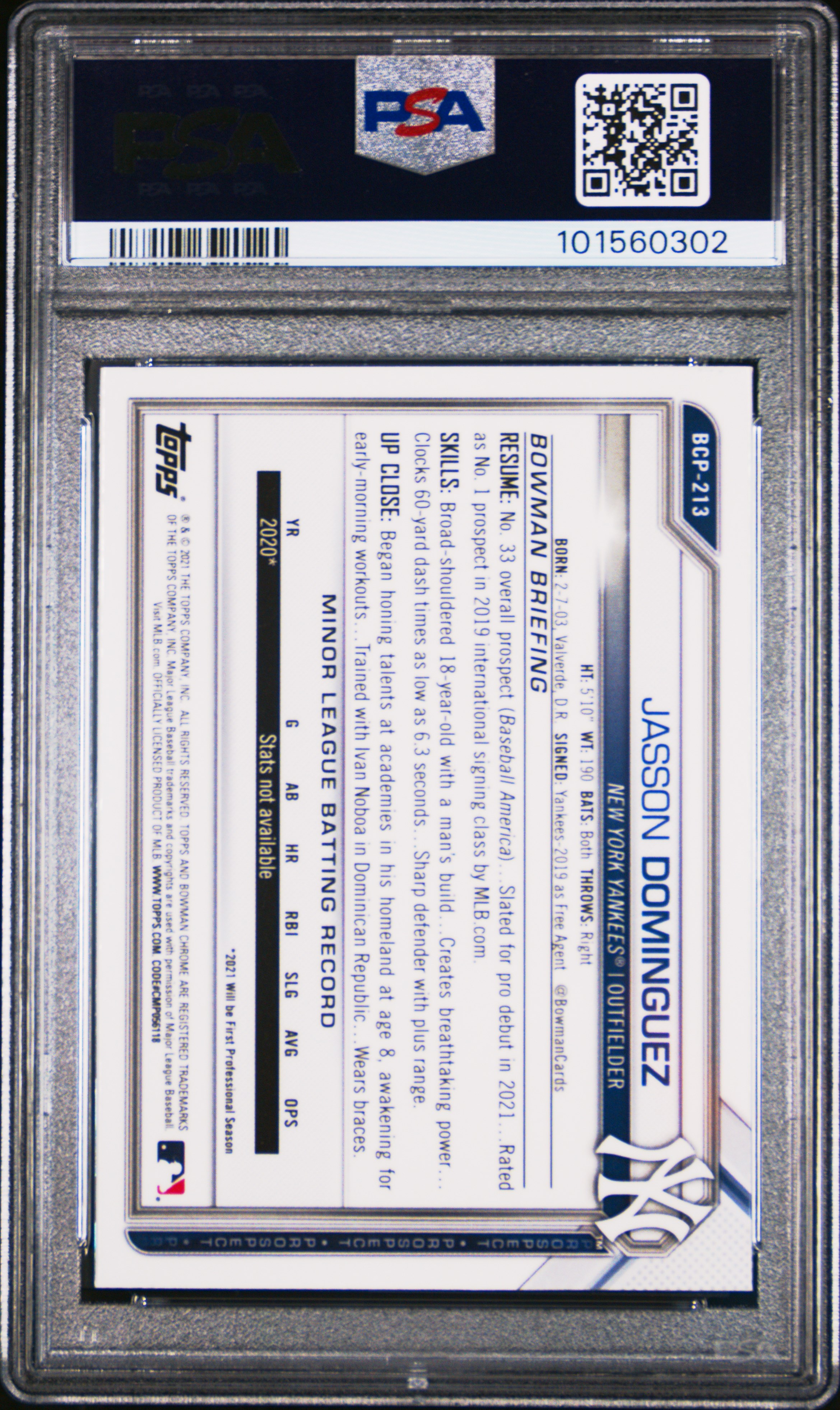 2021 Bowman Chrome Sapphire Edition Prospects Jasson Dominguez #Bcp213 (Prospects) Gem Mt 10 back