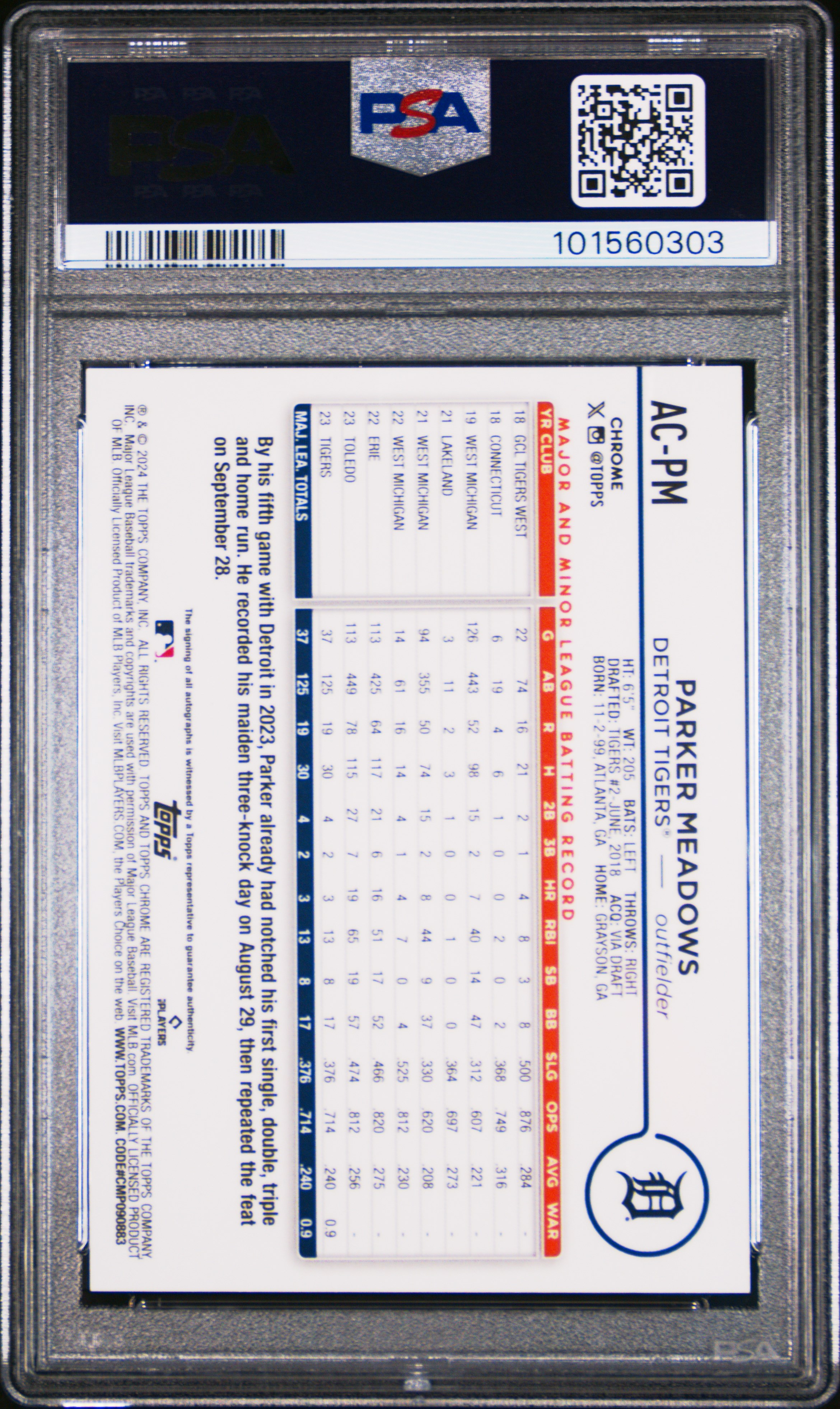 2024 Topps Chrome Update Chrome Baseball Update Series Autographs Parker Meadows #Acpm (Autograph-Purple Speckle) Gem Mt 10 back