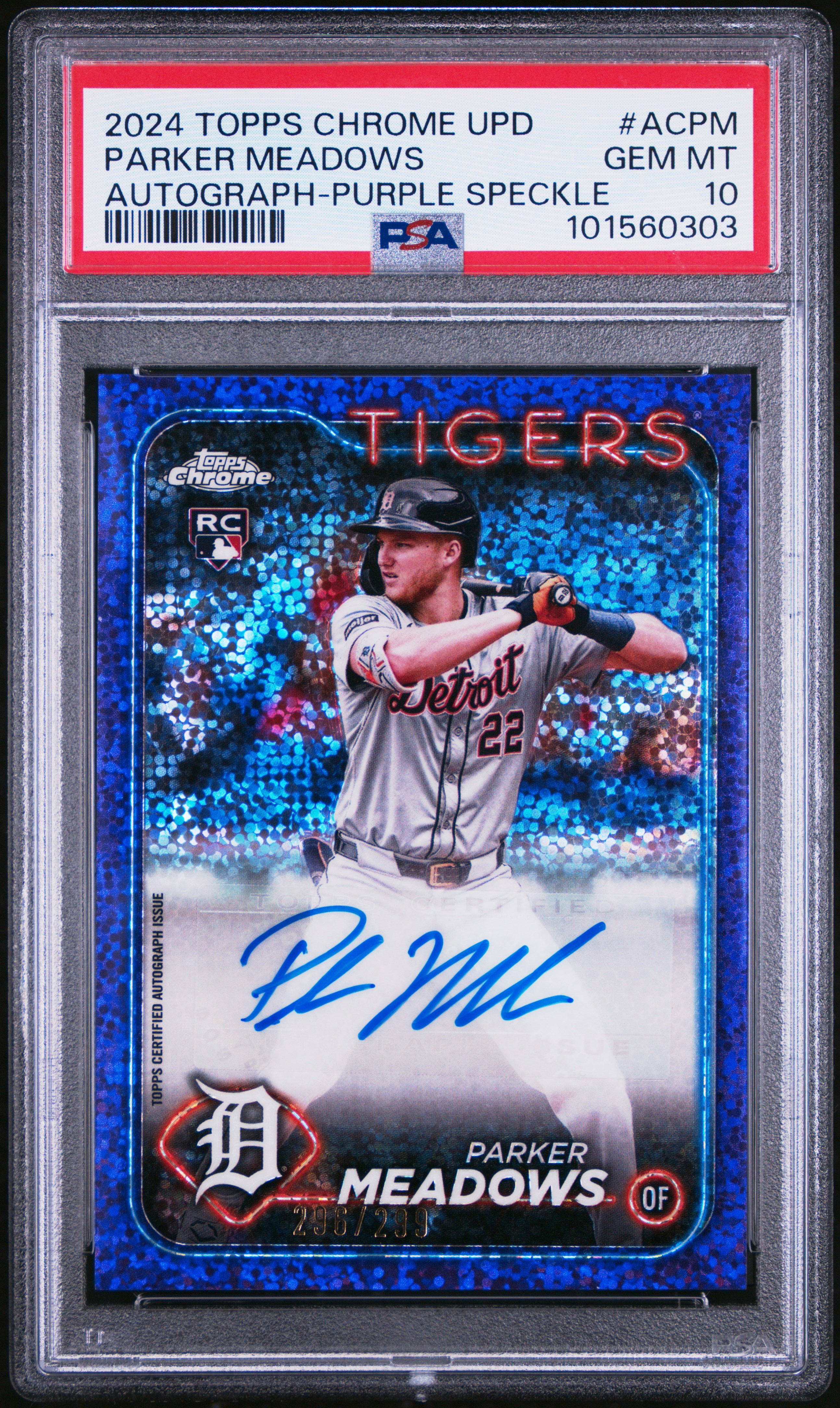 2024 Topps Chrome Update Chrome Baseball Update Series Autographs Parker Meadows #Acpm (Autograph-Purple Speckle) Gem Mt 10 front